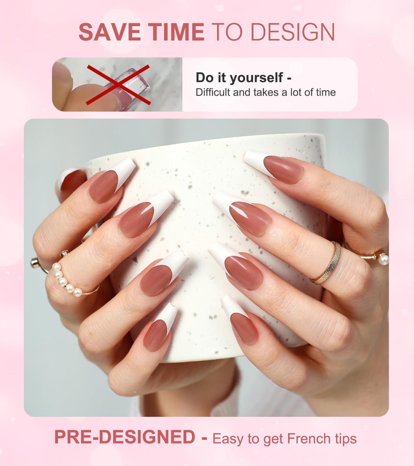 Morily Pink White French Tip Press on Nails - 30Pcs Thicker Fake Nails with Design, Full Cover Long Coffin False Nails Reusable Acrylic Stick on Nails in 15 Sizes, Include Glass File