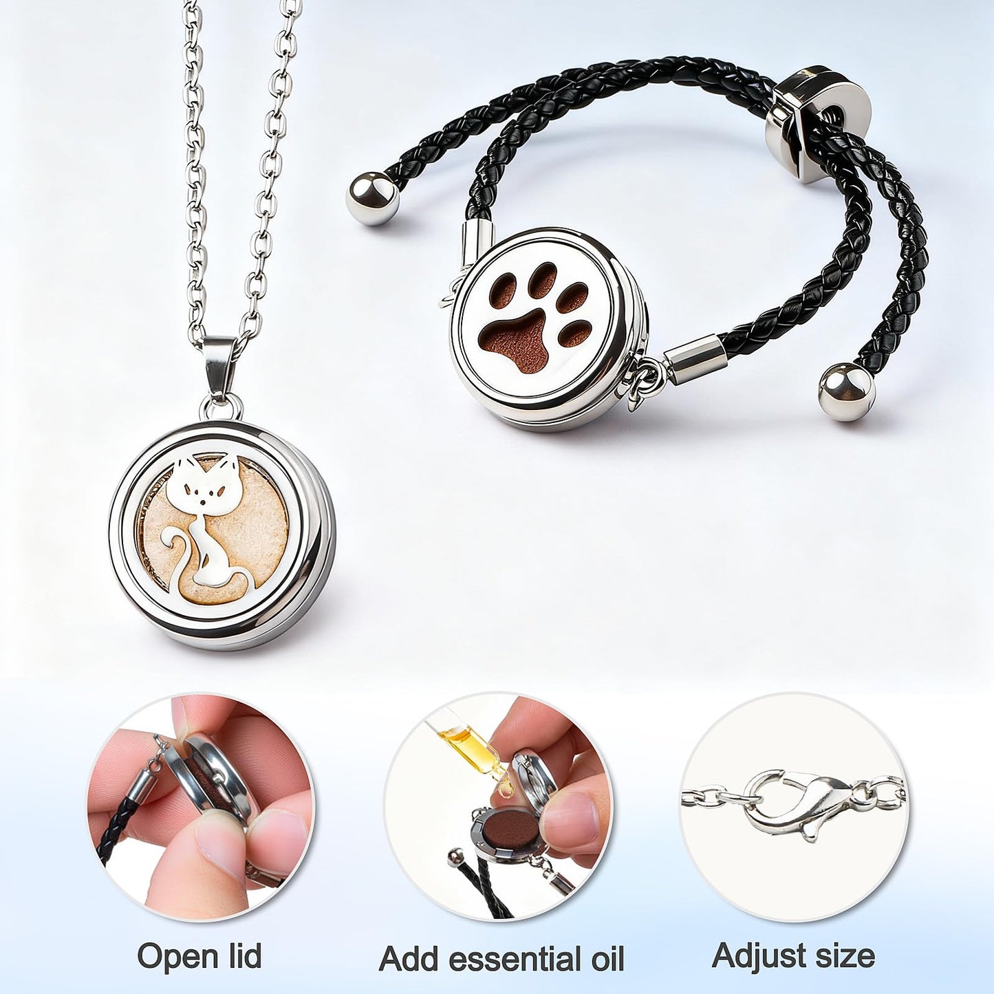 Essential Oil Diffuser Necklace & Bracelet Set for Women Gift 2pcs, Cat Aroma Locket Necklace + Pawprint Diffuser Bracelet Adjustable with 20 Refill Pads, Gifts for Wife, Girlfriend, Friend, Sister