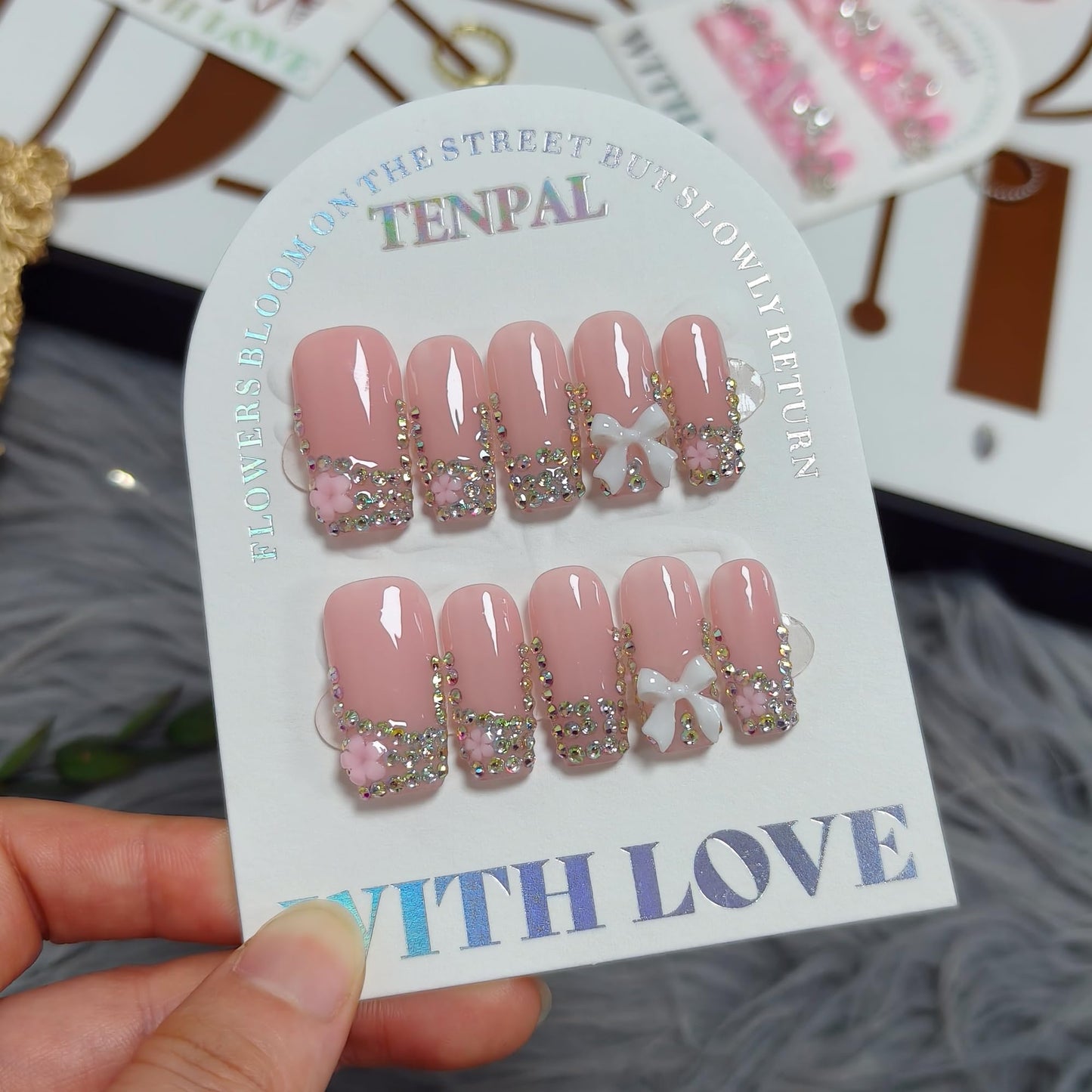 TENPAL Handmade French Tip Press on Nails Medium Coffin 3D Bow Rhinestone Glitter Pink Cute Sweet Girly Reusable Daily Wear Salon Acrylic False Nails 10PCS(L)