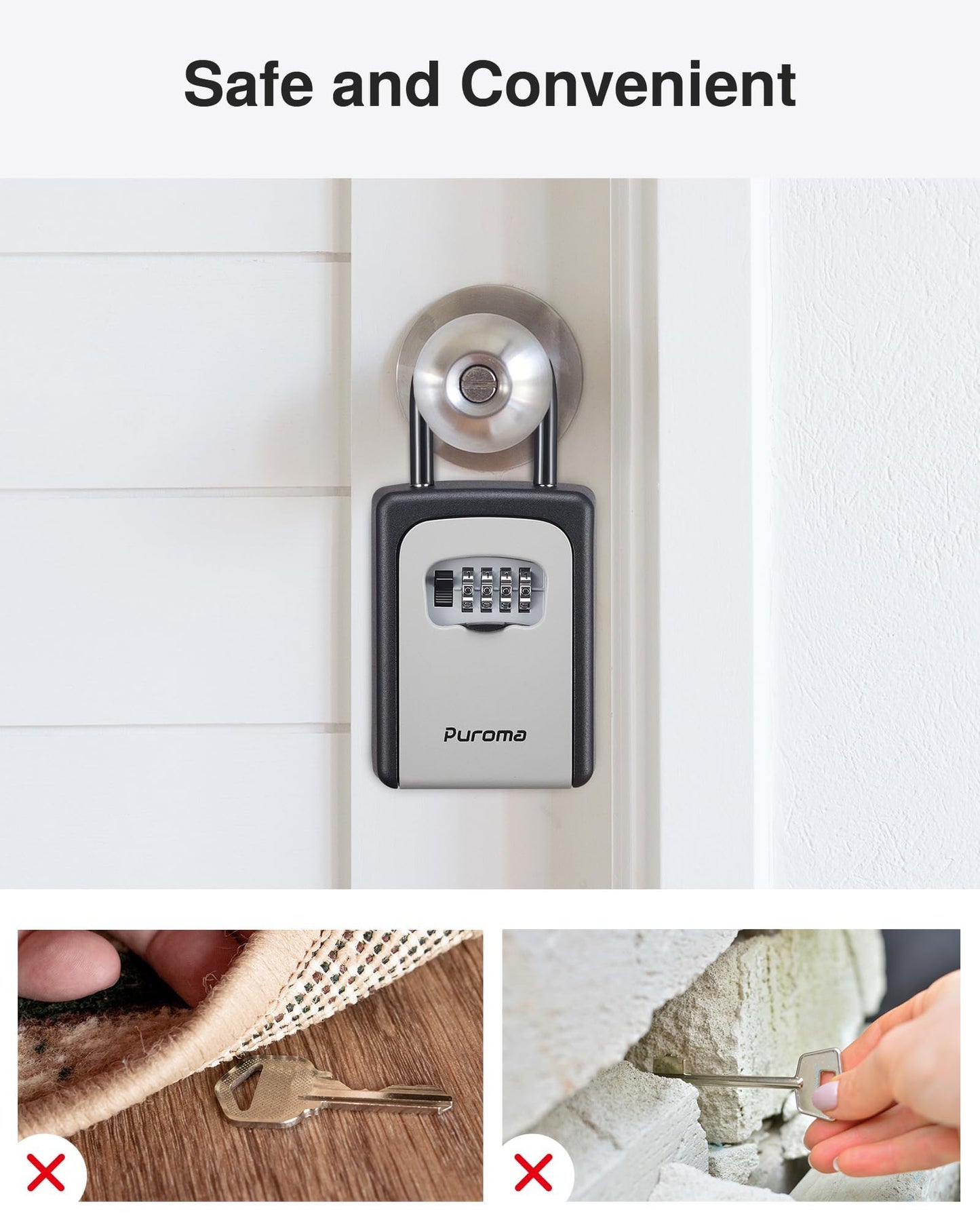 Puroma Lock Box, Large Key Lock Box Resettable Combination Code Lockbox, Portable Wall Mount Lockbox Security Safe Box for Outside Outdoor Home Office Door Handle House Key, Gray (1 Pack)