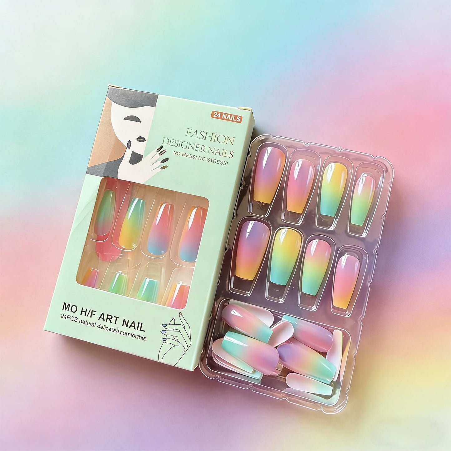 Chrome Press on Nails Medium Coffin Fake Nails Dreamy Rainbow Aurora False Nails Laser Glossy Full Cover Stick on Nail Reusable Artificial Glue on Nails for Women Manicure 24Pcs
