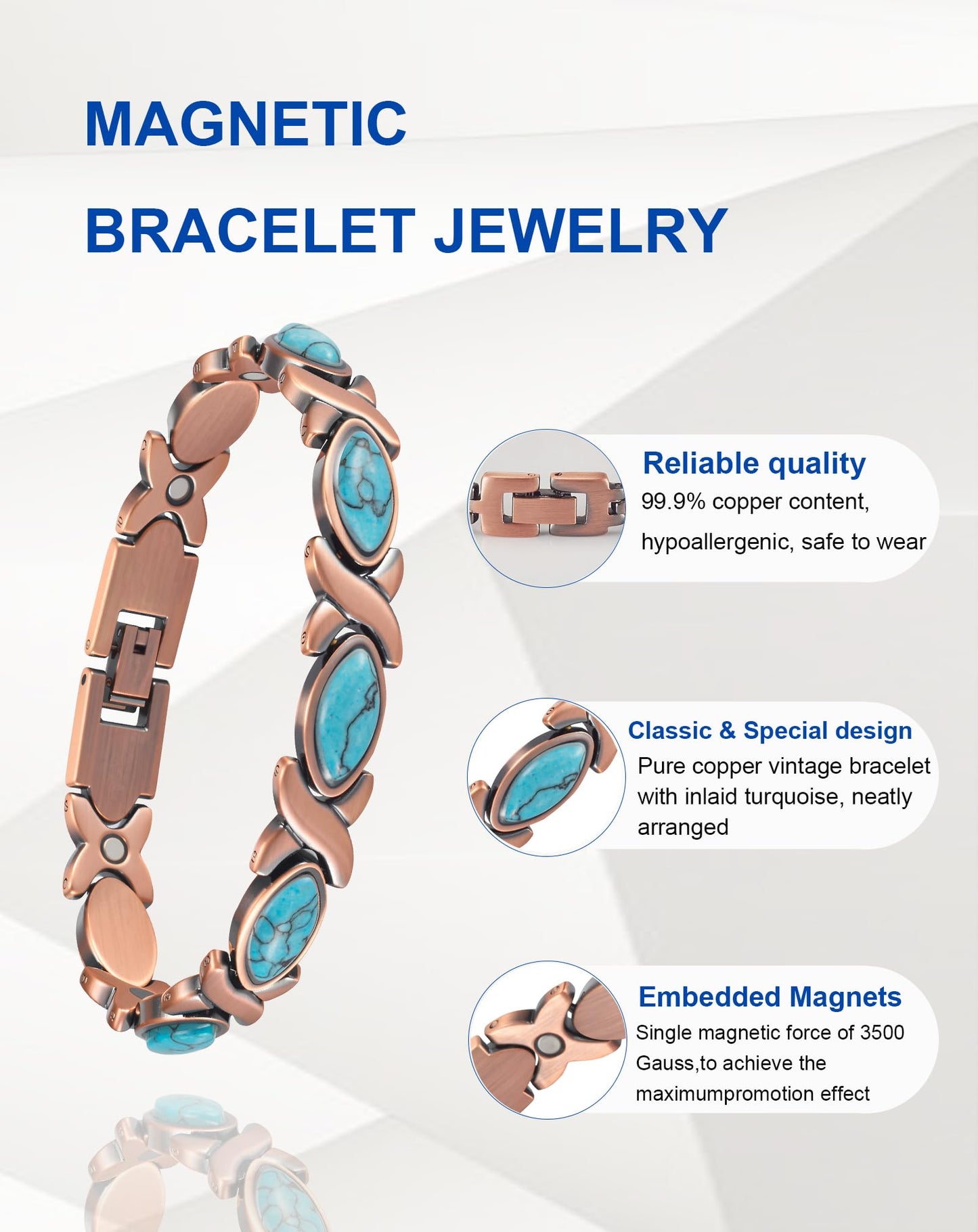 MagSølv Copper Bracelets for Women, Handmade 99% Pure Copper Adjustable Magnetic Jewelry with 3500 Gauss Magnets & Turquoise