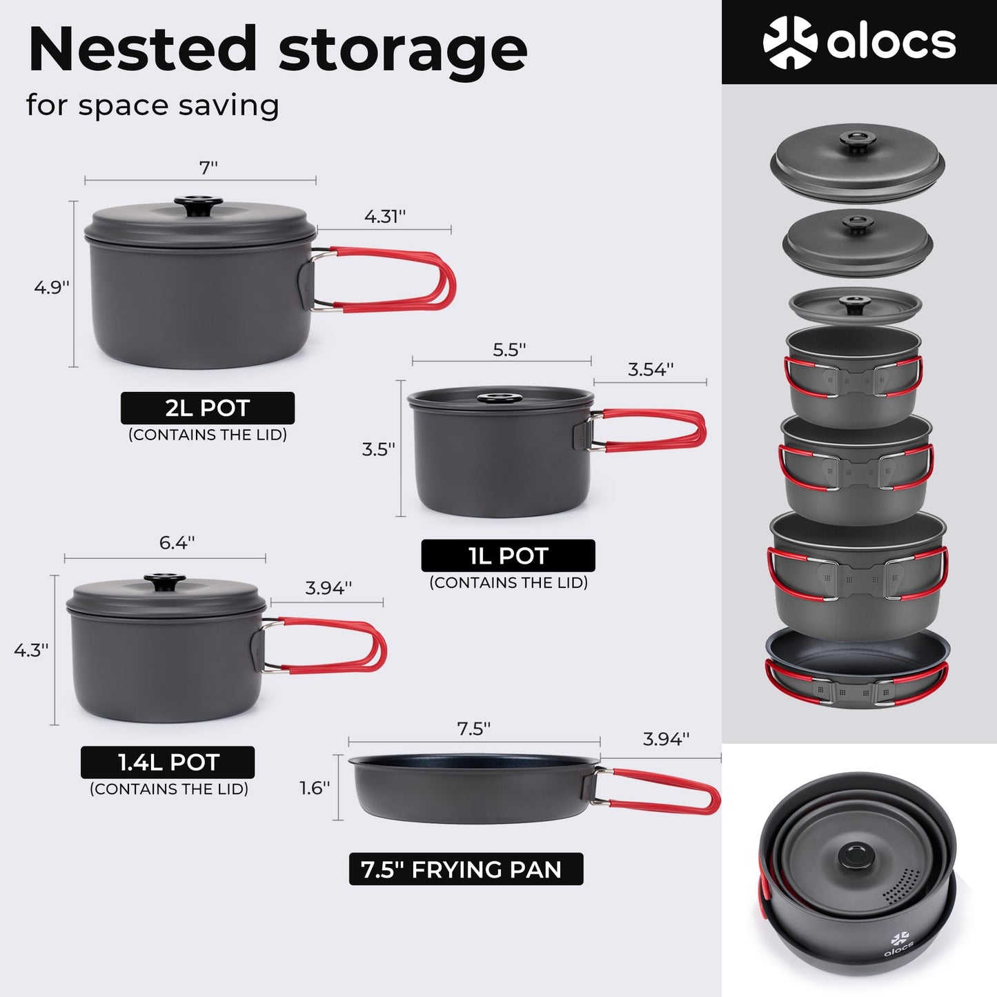 Alocs Camping Cookware, Aluminum Camping Cooking Set Camp Kitchen, Portable Camping Pots and Pans Set Essentials Mess Kit for Backpacking, Outdoor Cooking and Picnic
