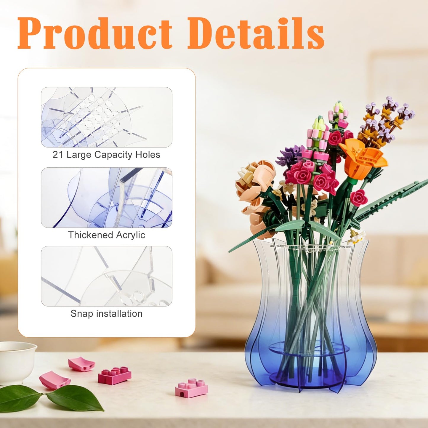 Upgraded Acrylic Vase for Lego Flowers - Thickened Sturdy Display Stand & Holder for Lego Flower Bouquet Building Set, Botanical Collection, Roses & Orchids | Larger Hole Arrangement Design (Blue)