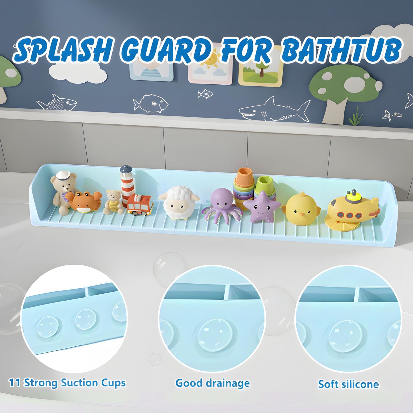 2.6 Feet Extra Wide Splash Barrier, Bathtub Splash Guard with 11 Suction Cups, Flexible Silicone Bathtub Splash Guard, Comes with a Toy Storage Bag (Blue)