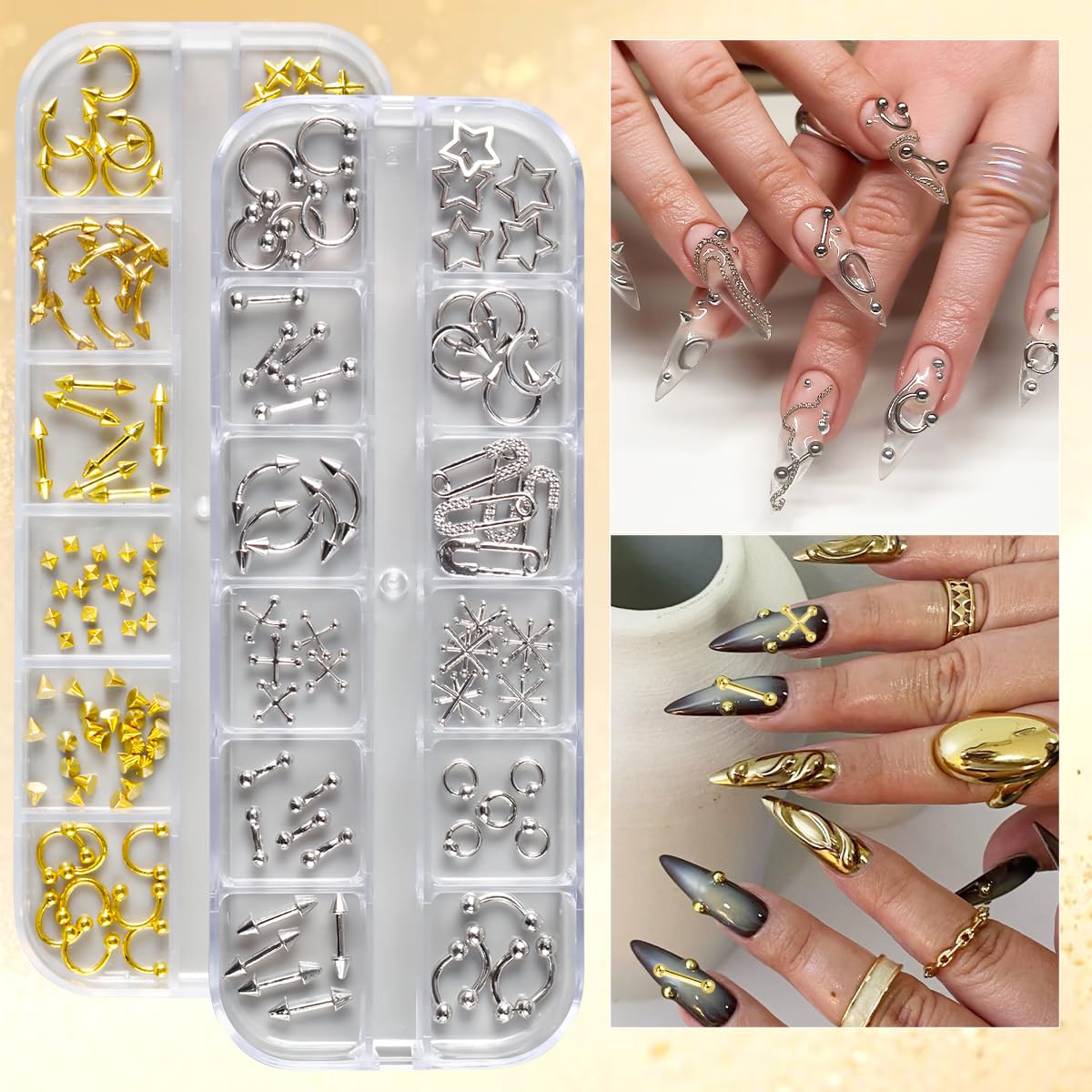 3 Box 12 Grids Goth Nail Art Studs, 3D Gold & Silver Alloy Gothic Punk Nail Charms Y2K Rivet Studs Beads Metal Rings Piercing Manicure Supplies for DIY Nail Art Decorations