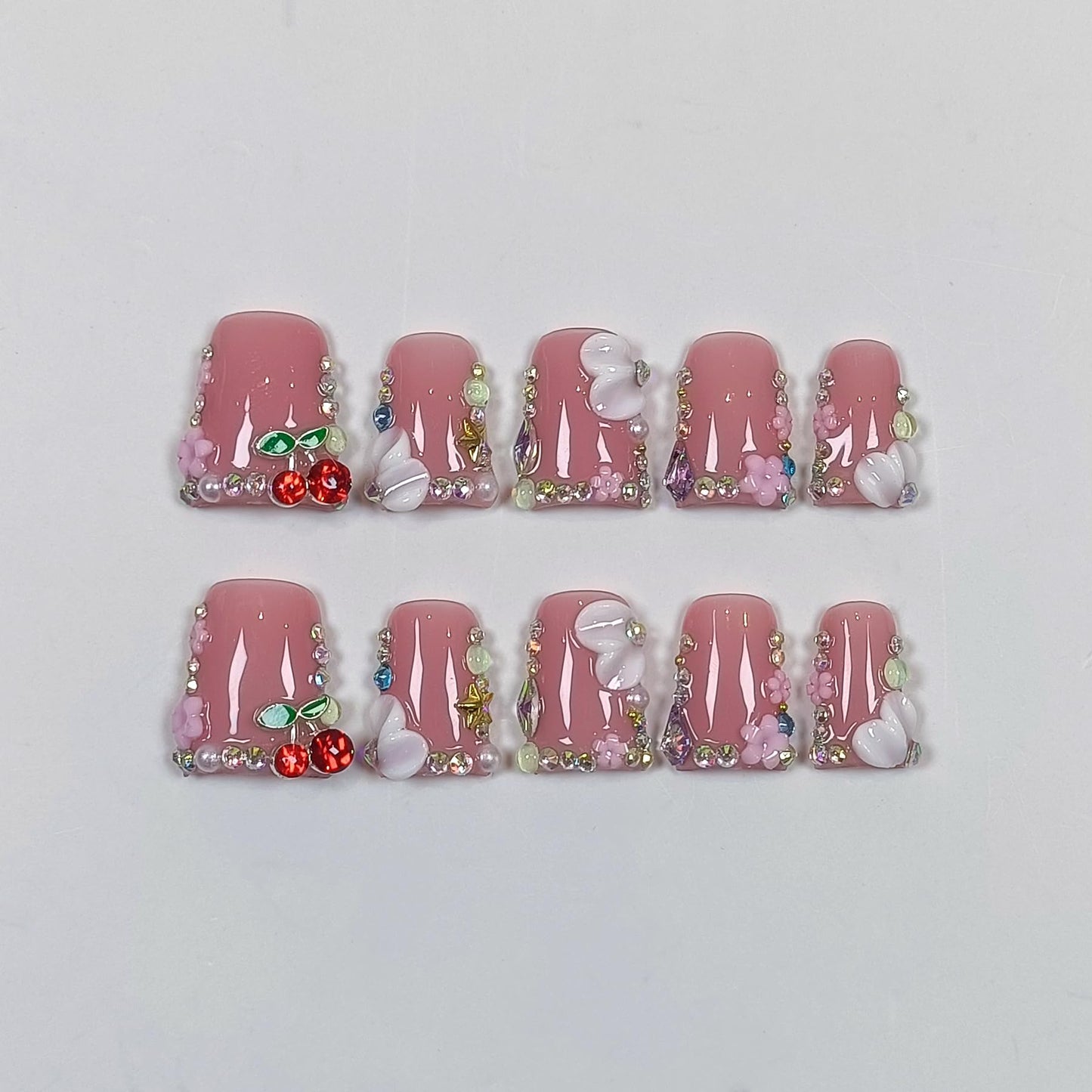 TENPAL Duckbill Shape Press on Nails with Kit,3D Floral Carving Cherry Blush Pink Fake Nails with Tools,Sparkling Icy French Tips False Nails with Rhinestone,Sweet Glazed Artificial Duckbill Nails(S)