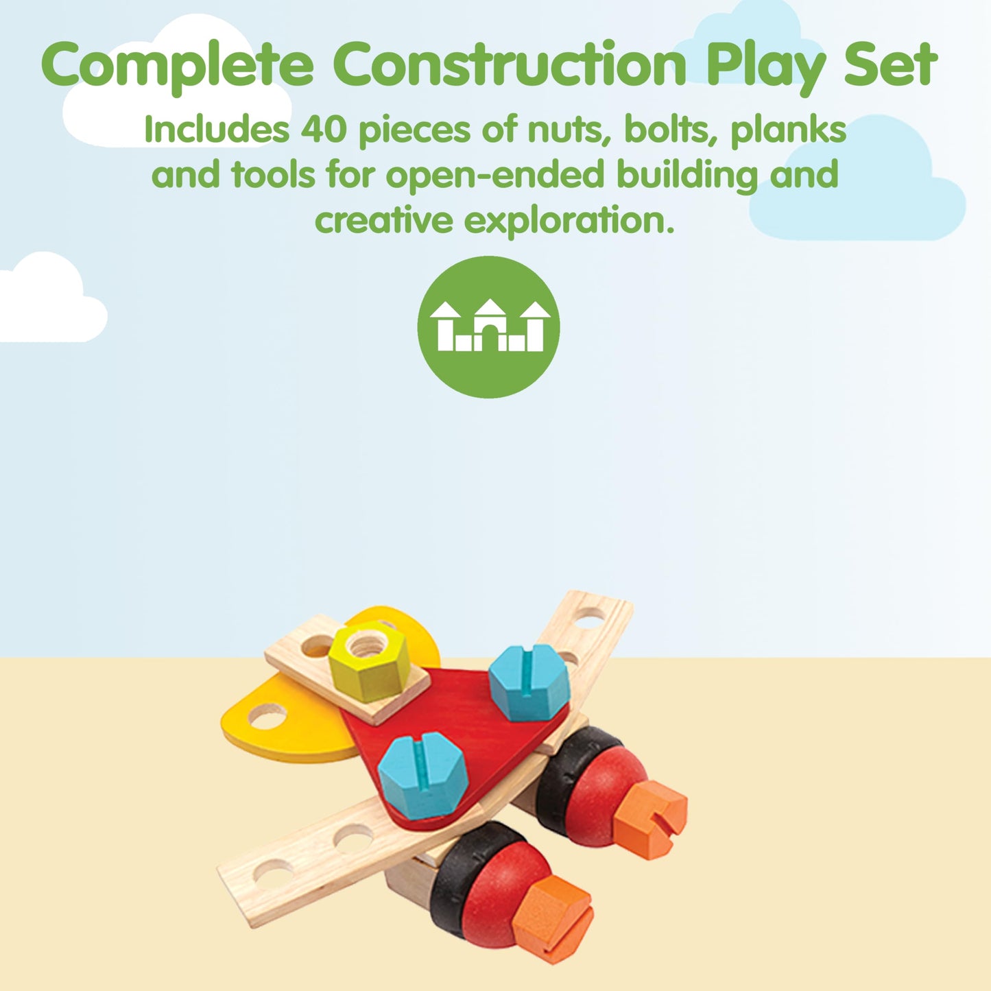 PlanToys® Construction Set Wooden Montessori Building and Engineering Toy | Fine Motor, Creativity and Early STEM Skill Development | Eco Friendly Educational Open Ended Play Kit