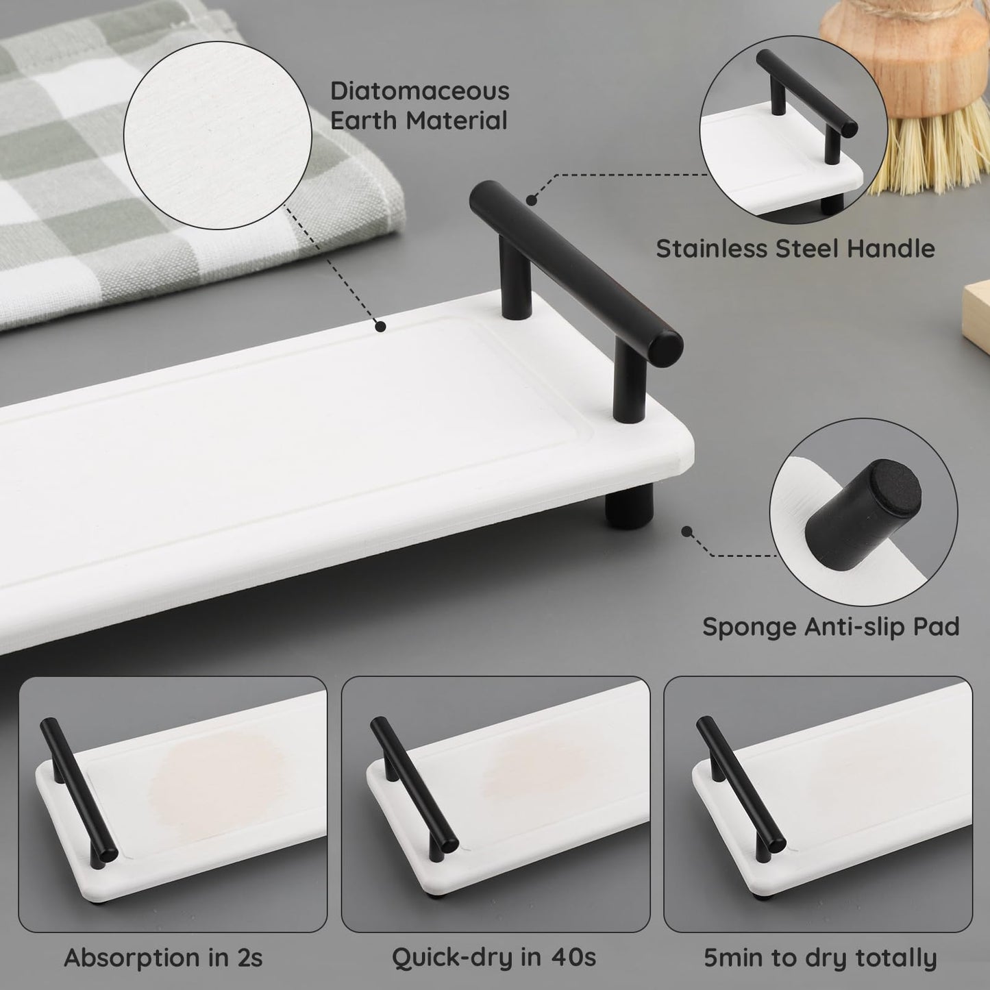 Segbeauty 12x4in Bathroom Tray, Absorbing Quick Dry Stone Drying Mat With Handle, Diatomaceous Sink Caddy Vanity Soap Organizer Holder, Kitchen Counter Bathroom Decor
