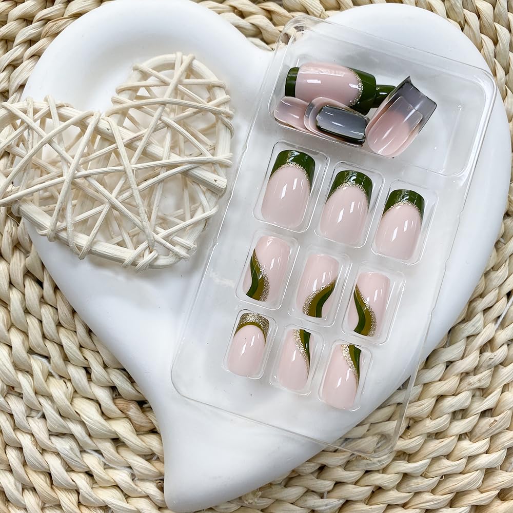 Green Press On Nails - Short Square Gold Glitter False Nails with Swirl Designs, Glossy Finish, Full Cover Acrylic Stick On Coffin Nails for Women, 24 Pcs