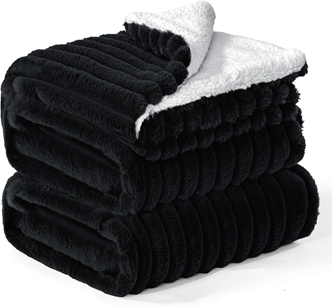 INFIIXSO Sherpa Throw Blanket for Couch - Super Soft & Warm Striped Fleece Blanket, Cozy Plush Fluffy Blanket All Season Use (Black, 50x60 Inches)