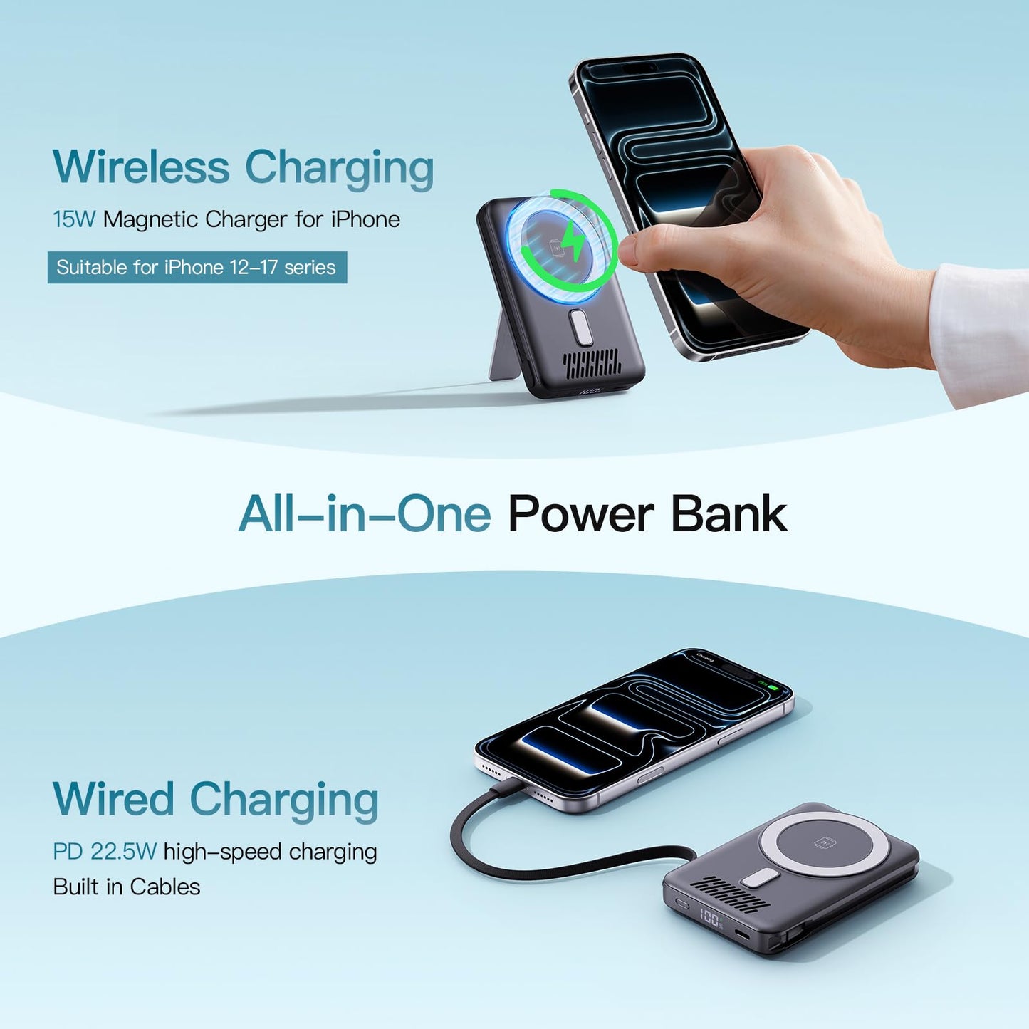 2026 Latest Wireless Power Bank, 12800mAh Portable Charger with Built in Cables, LED Display Magnetic Battery Pack Travel Essentials for iPhone 17/16/15/14/13/12/Pro/Mini/Pro Max Andriod (Black)