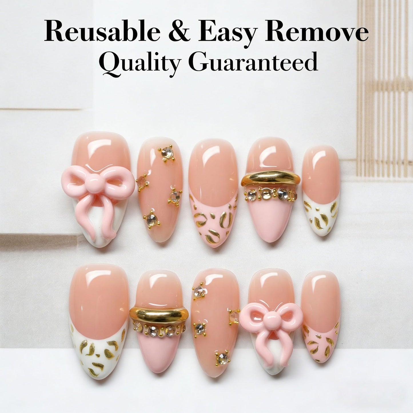 Handmade Press on Nails Almond Shape 3D Cute Glue on Nails for Women, Luxury Homemade Press on Nail Art Design, Fake Nails with 3D Nail Charms Size M 12
