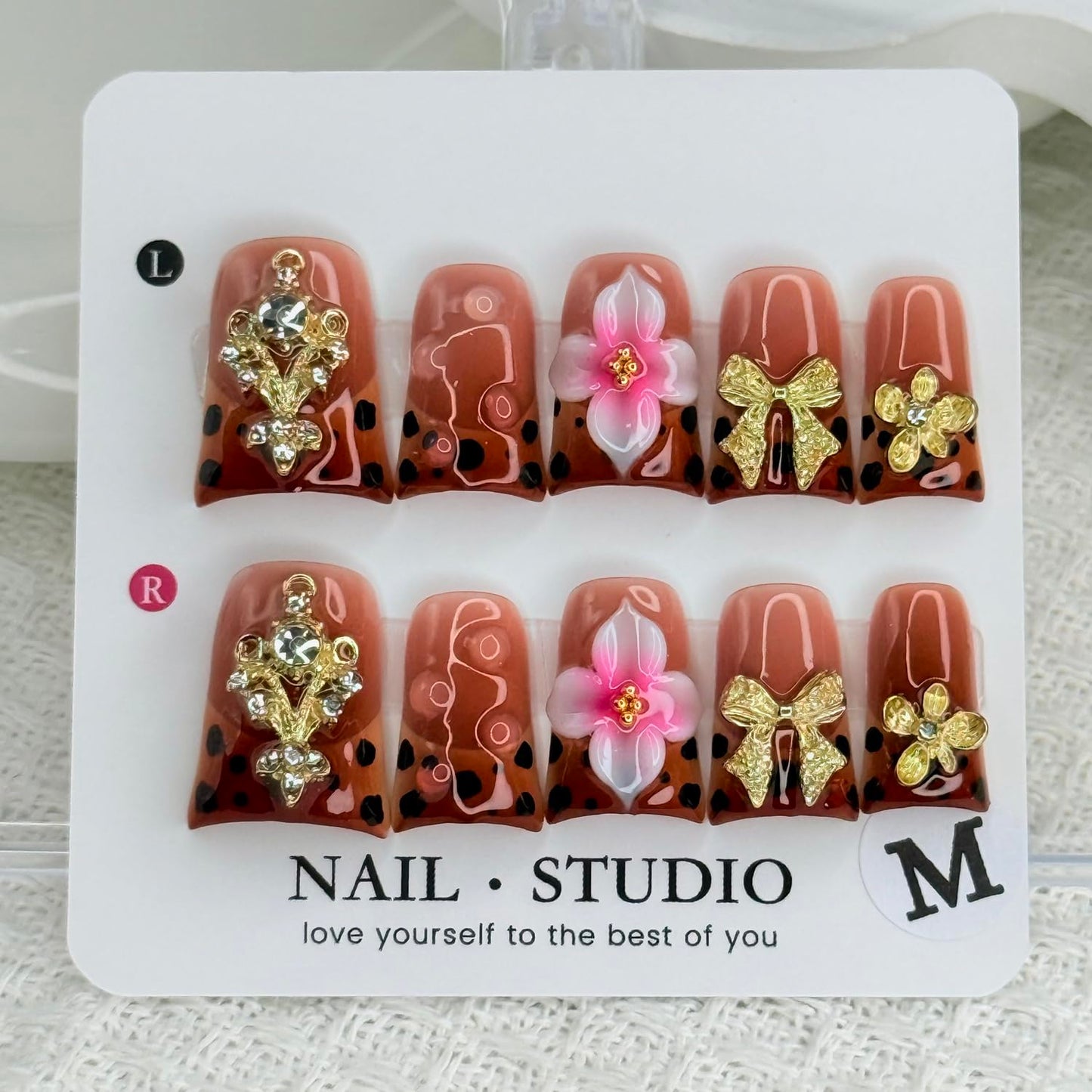 Handmade Press on Nails Short Duck Fake Nails Leopard Print Gradient French Design Luxury Gems False Nails Gold Bow and Flower Handmade Press ons Nail Reusable Nails for Women Decorations (Size M)