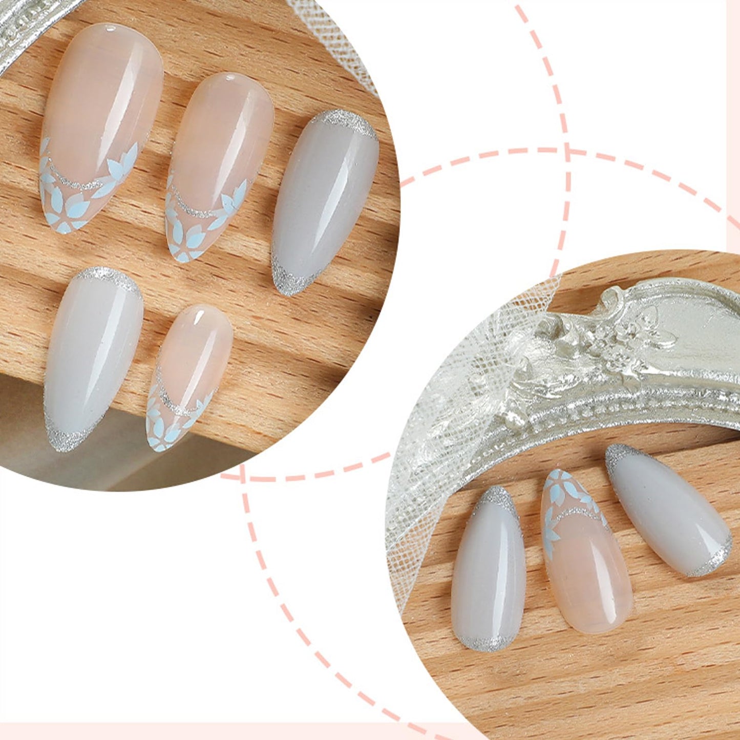 IMSOHOT Press on Nails - Gray Blue | Medium Almond Fake Nails, Glitter, Flower Glossy False Nails - Acrylic Gel Glossy Glue on Nails | 12 Sizes - 24 Nail Kit