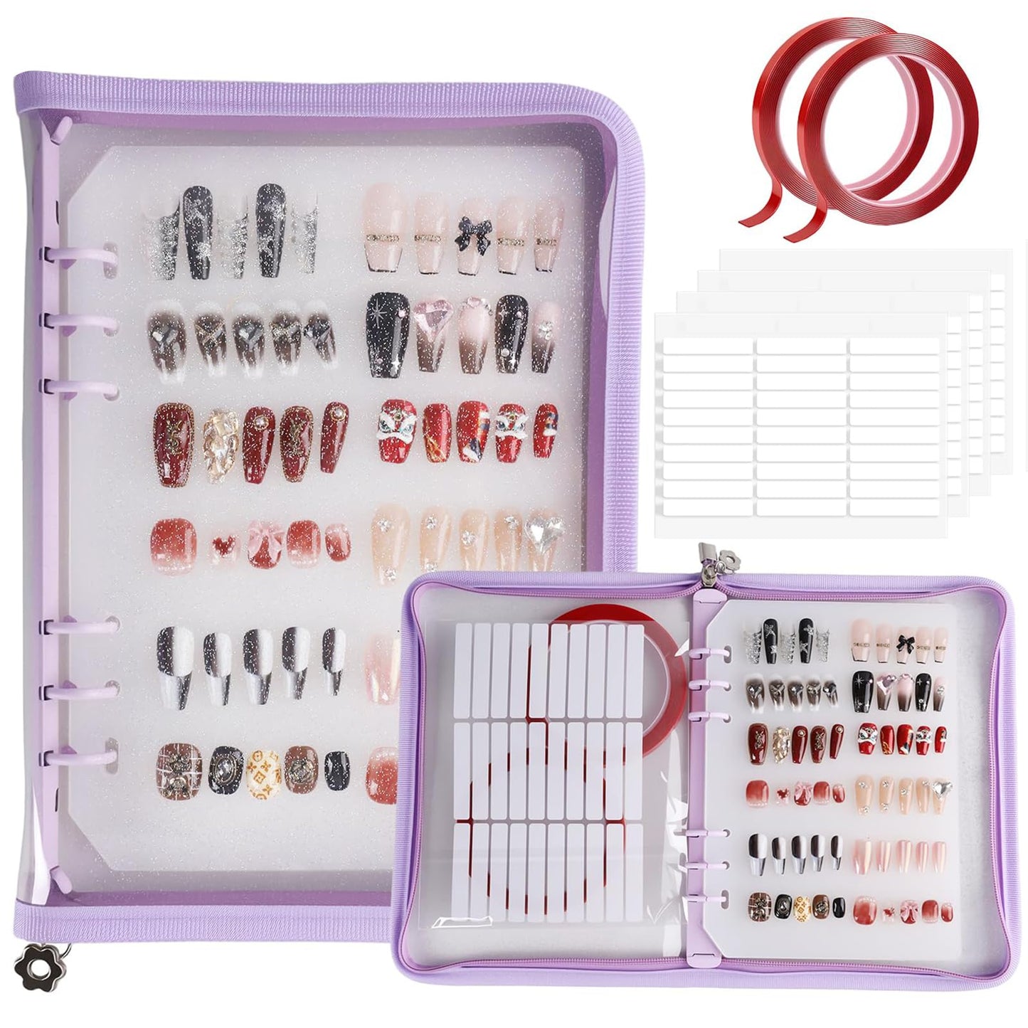 ASTONFOG Press on Nail Organizer Binder Book, 8 A5-Sized Insert Pages & Double Sized Tape, Press on Nails Display Storage Book, Reusable Fake Nail Swatch Collecting Book (Purple)