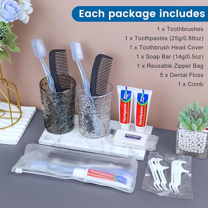 10 Sets Personal Hygiene Kit Bulk, Disposable Toothbrushes with Toothpaste Floss Comb Soap and Cover, Toiletry Kits Homeless Supplies Bulk for Women,Men,Travel,Homeless