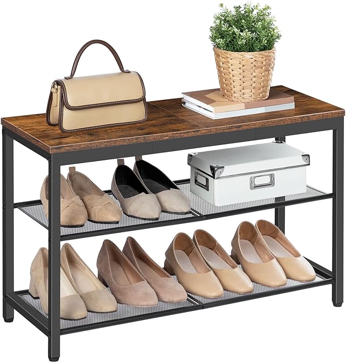 HOOBRO Shoe Bench, 3-Tier Shoe Rack, Industrial Shoe Organizer Storage Bench, 29.5 inches Entry Bench with Mesh Shelves, for Entryway, Living Room, Hallway, Easy Assembly, Rustic Brown BF75HX01