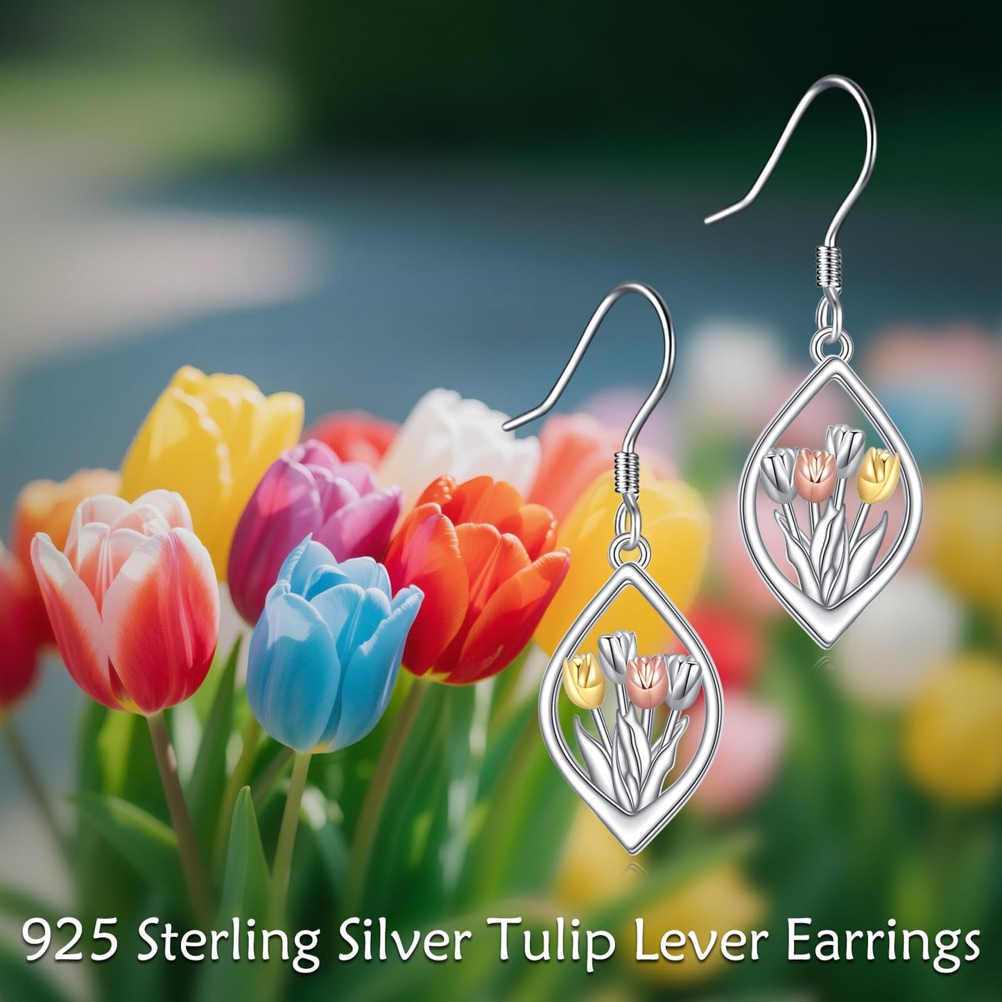 TIGER RIDER Tulip Earrings 925 Sterling Silver Flower Hook Drop Dangle Jewelry for Women