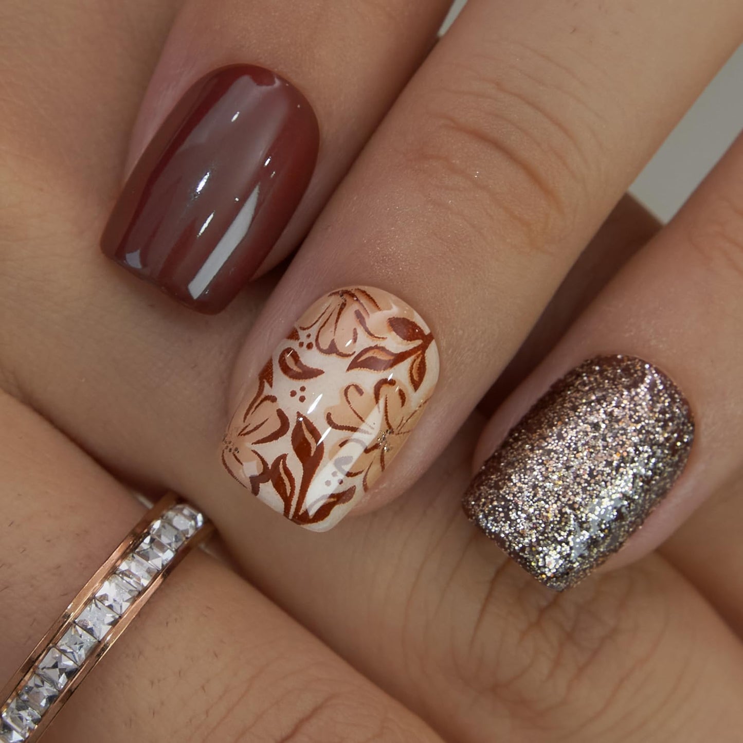 Curvlife Soft Gel Square Press On Nails Short – Reusable False Natural Fit Fake Nails Tips Stick Ons, Salon Quality UV Finish (Brown Floral and Glitter Nails, Short)