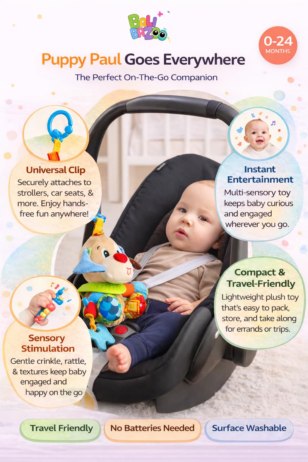 Balibazoo Puppy Paul Hanging Baby Toy for 0-24M - Developmental Sensory Activity Toy | Crinkle, Rattle, BPA-Free Silicone Teethers | Clip for Stroller, Car Seat | Soft Plush Newborn Gift