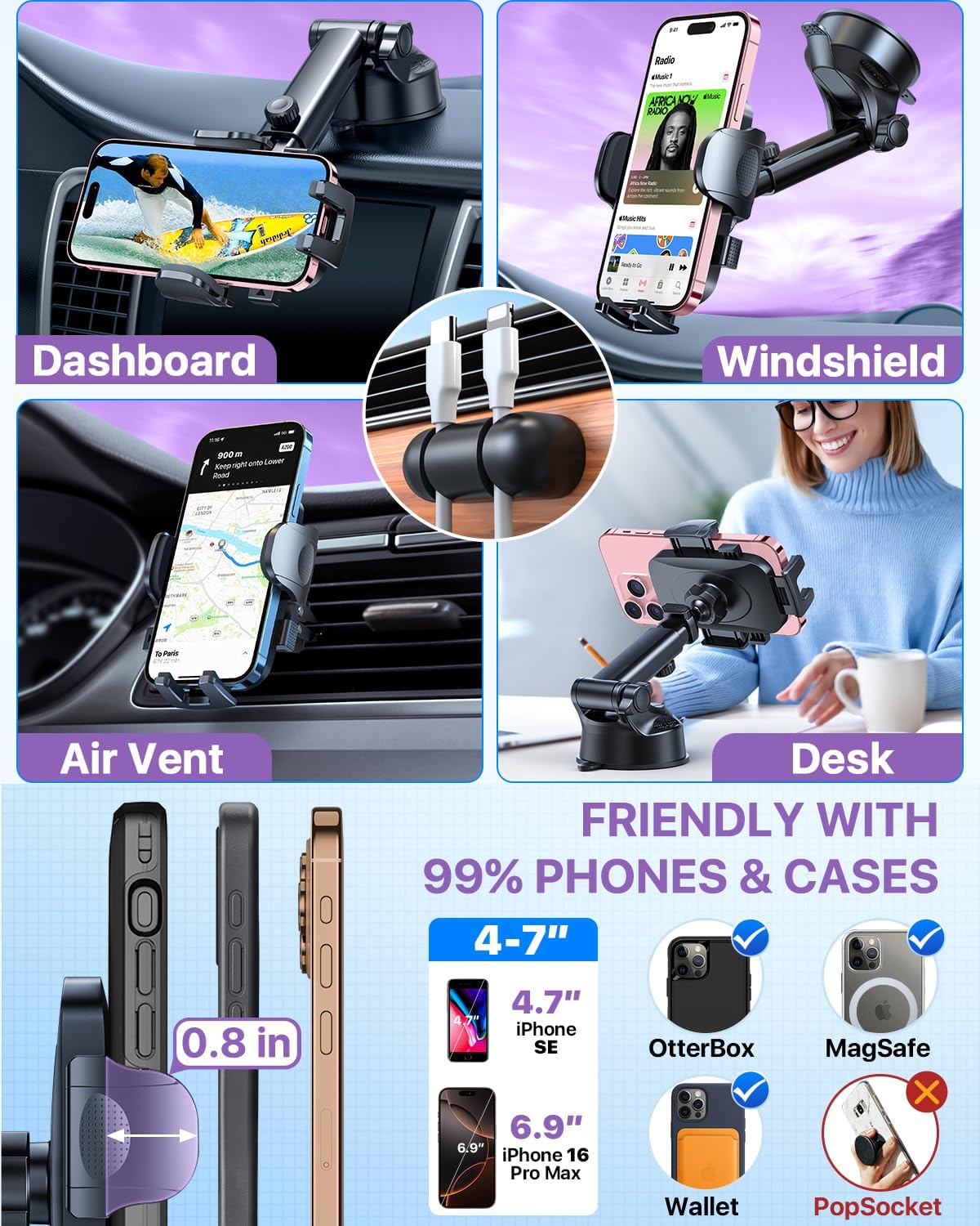HTU 2025 Best Car Phone Holder 【Ultimate 5-in-1 & Upgraded 100+LBS Strongest Suction】【True Military-Grade & Safety Cert】 360° Windshield Dashboard Vent Mount Stand for iPhone Android & Truck, Purple