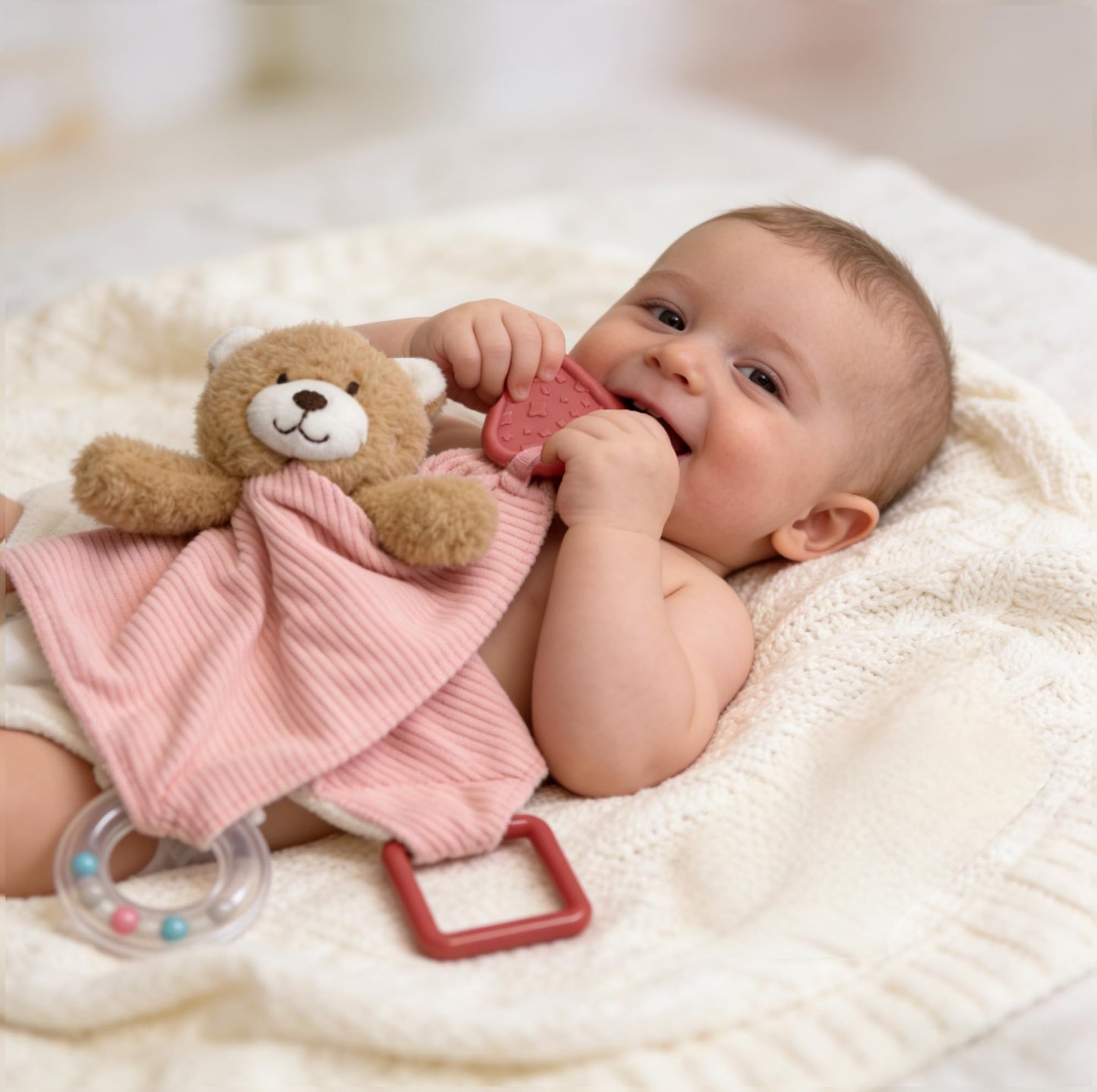 CREVENT 3-in-1 Baby Lovey Blanket with Teether & Rattle | Plush Chewable Animal Head Security Blanket, Birthday Gift - Pink Bear