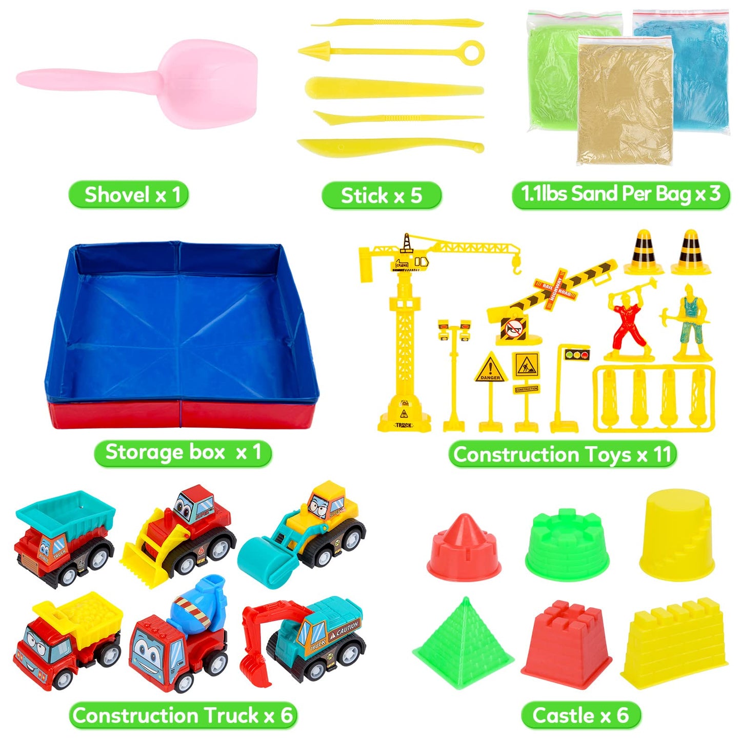 GarveeLife Kids Sand Kit, 43PCS Set w/Tools, 6 Construction Trucks & Castle Molds, Foldable Sand Box Storage Bin Tote, Toys for Boys Girls