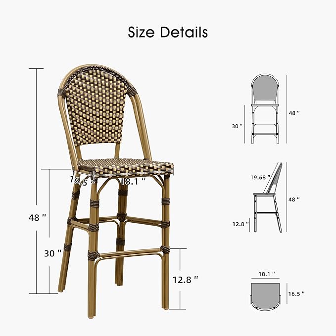PURPLE LEAF French Bar Stool Set of 4 Bamboo Print Finish Patio Bar Stools with Back Rattan Chairs Wicker Bar Height Stool 30" with Footrest Kitchen Island Stools Outdoor Barstool Brown