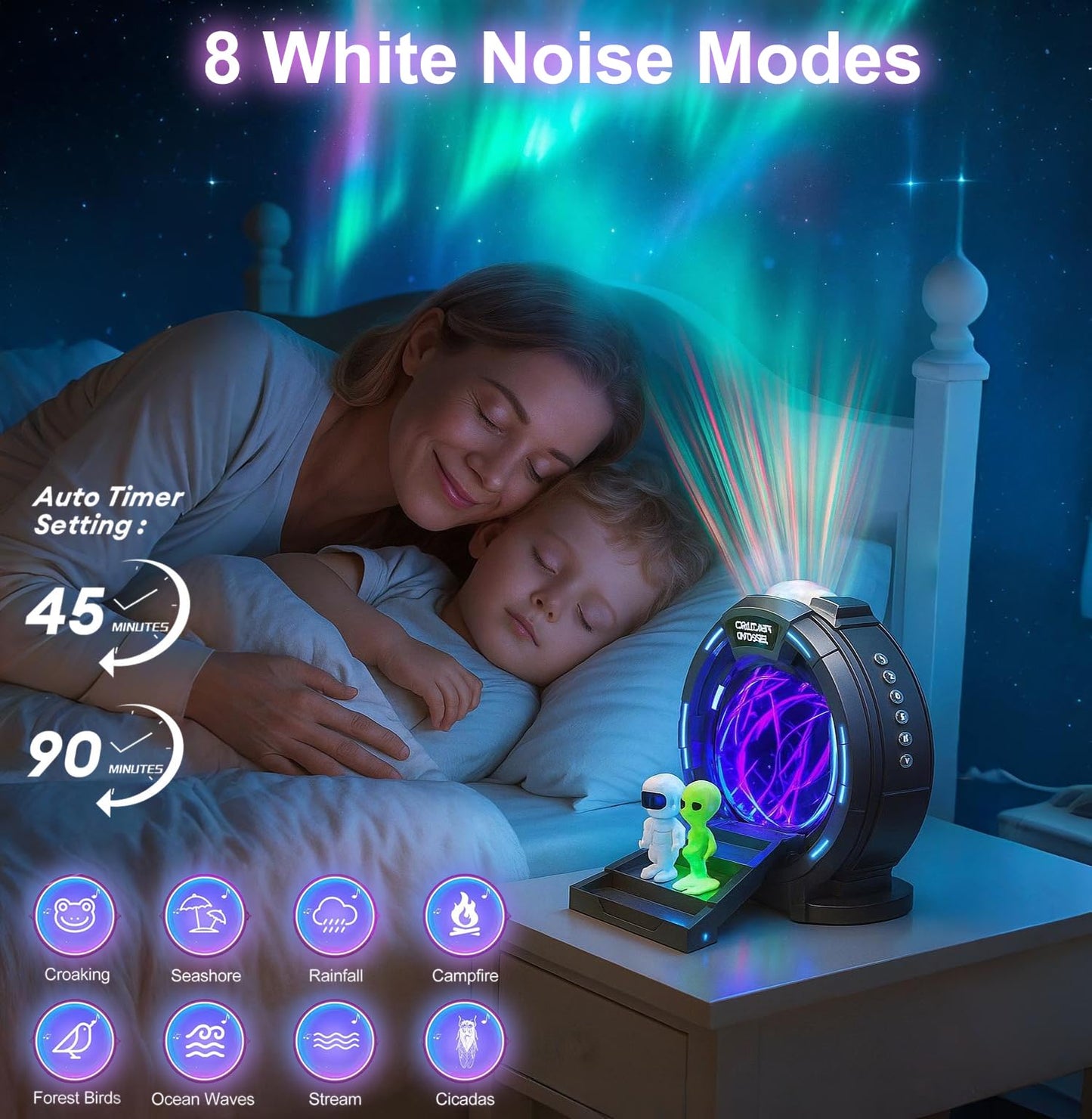 Northern Lights Projector with Plasma Ball Lamp, White Noise, Music Speaker, Alarm Clock & Remote, Stargate Astronaut Galaxy Aurora Night Light Projector for Bedroom Gaming Birthday Valentines Gifts
