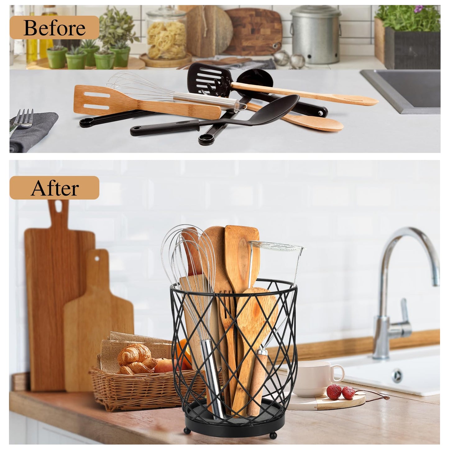 MACEVIA Utensil Holder for Kitchen Counter, Large Black Metal Organizer with Diatomaceous Earth Base, 6.3" x 5" x 7.5", Countertop Storage for Spoons, Spatulas and Cooking Utensils