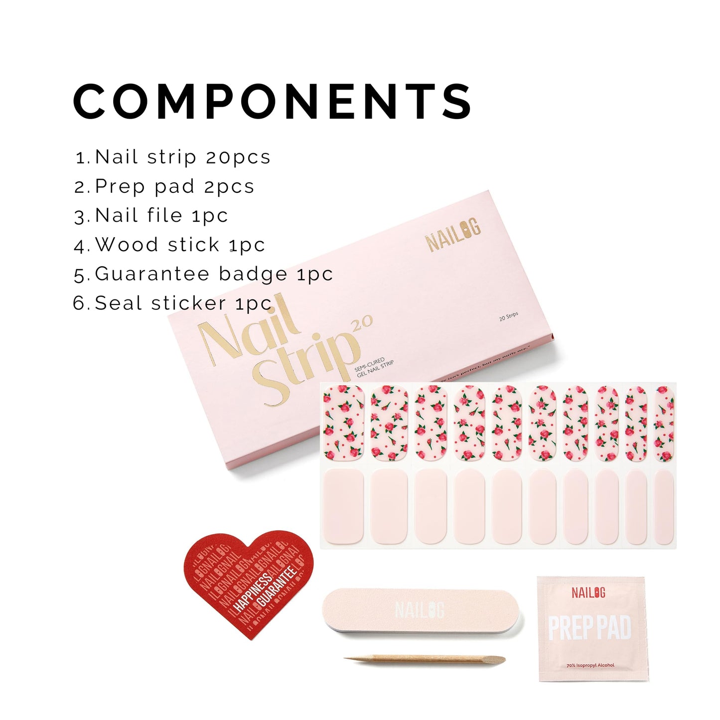 Semi Cured Gel Nail Strips - NAILOG 20 Pcs Pink Flowers Nail Stickers Extra Long Wraps with Glossy Gel Finishing for Spring Summer, Rosette