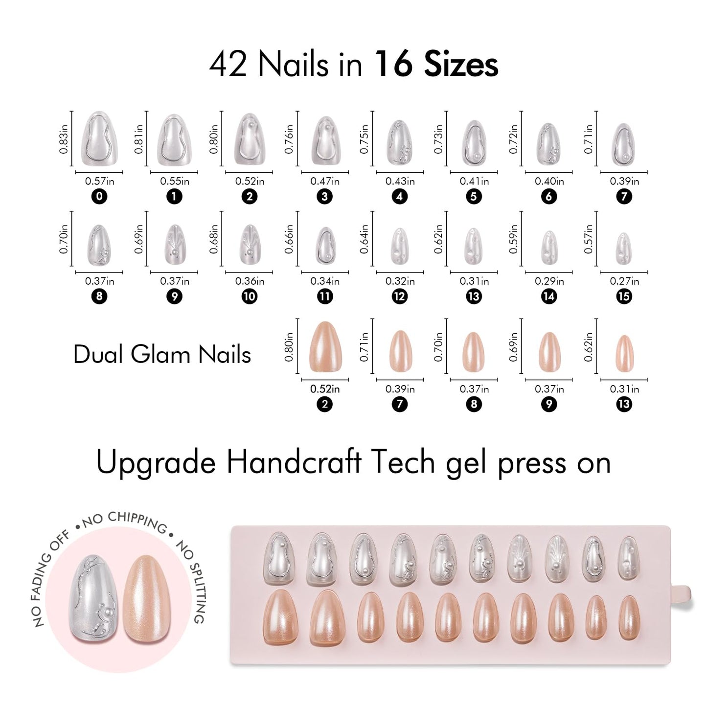 VSALON Press-On Nails Short Almond - Pearl White 3D Metallic Fake Nails for Women, 32 Main Nails in 16 Sizes &10 Champagne Alternative Nails - 42 PCS Reusable Glue on Nails Set with Tool Kit