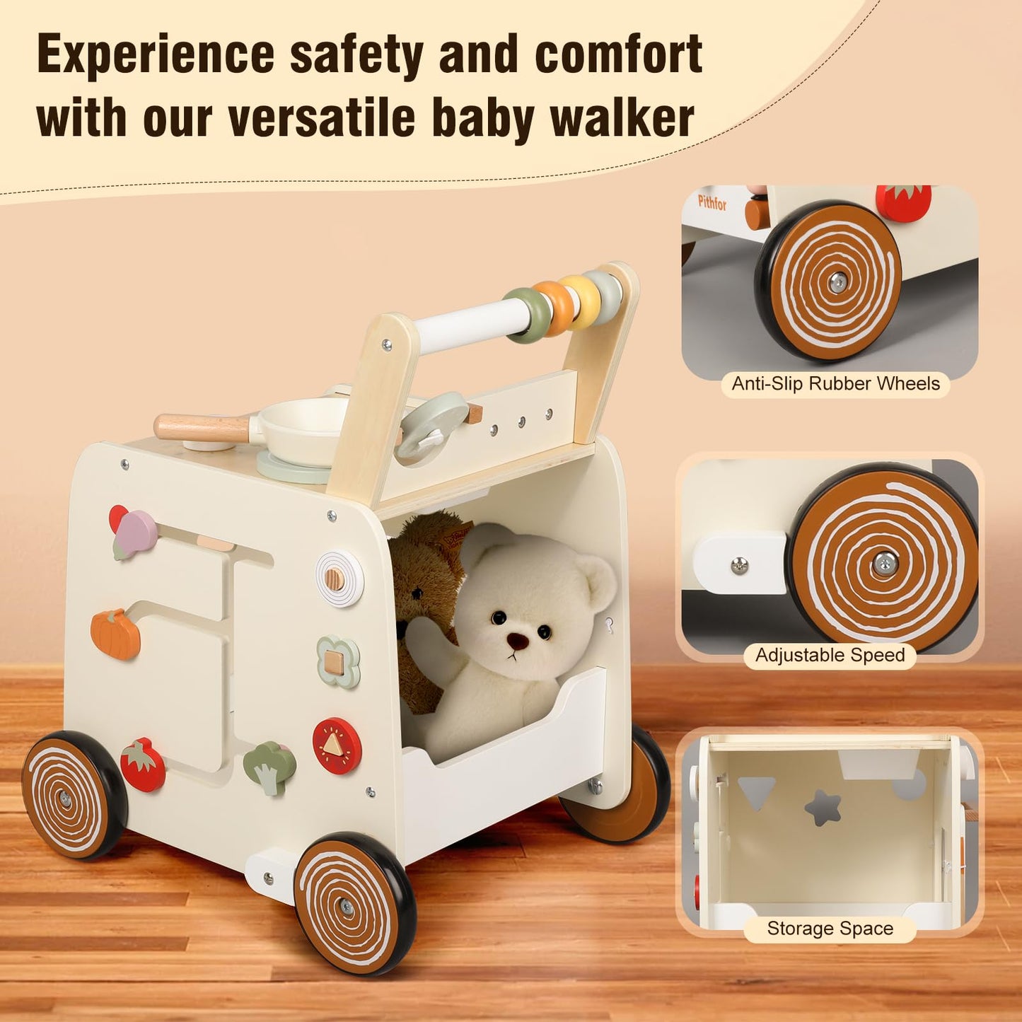 Pithfor Wooden Baby Walker, 3-in-1 Baby Push Walker, with Pretend Kitchen, Montessori Sensory Activity Center, Push Walker Toys for Babies Learning to Walk, Sit-to-Stand
