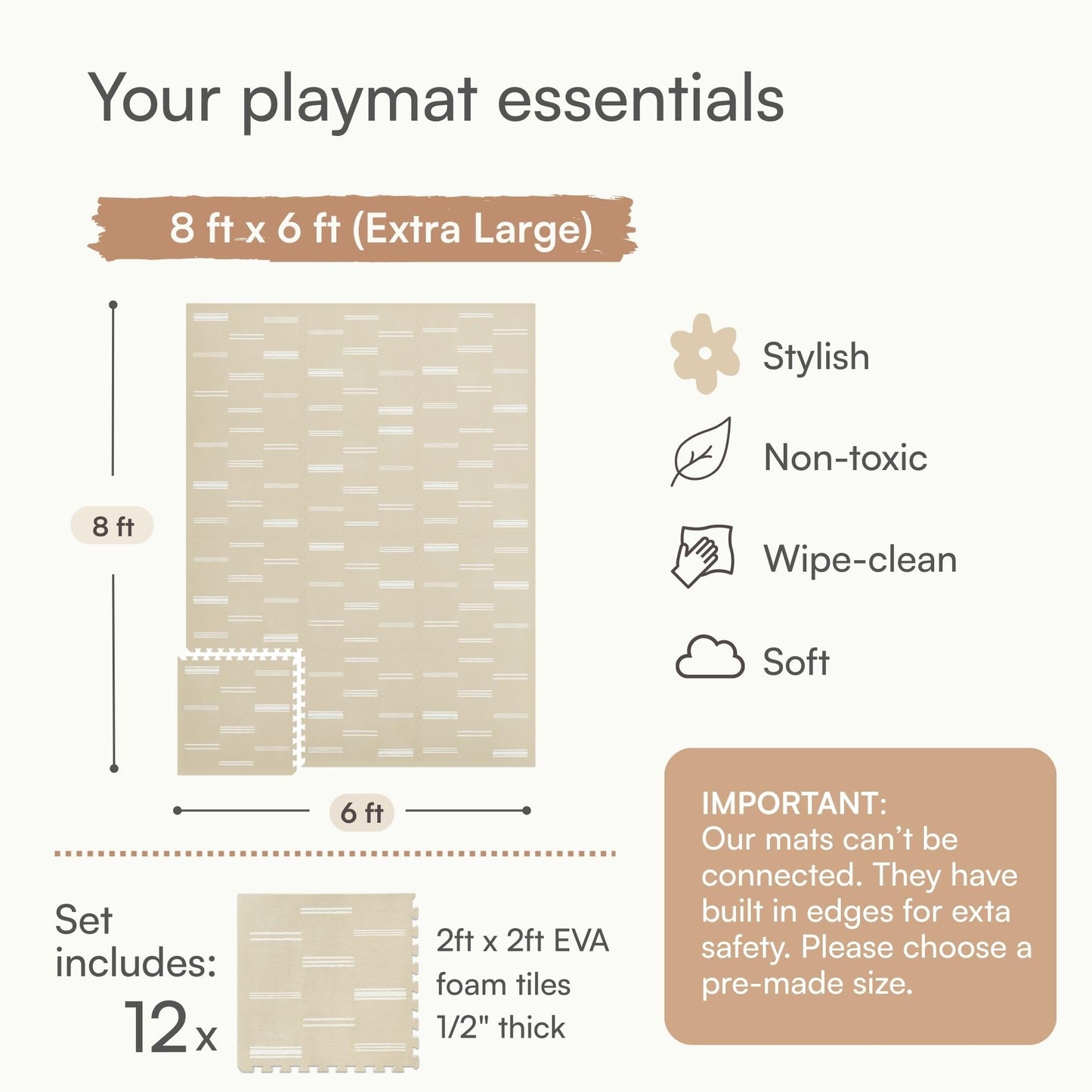 Lillefolk Baby Play Mat – 6x8ft Old White | Soft Non Toxic Premium Foam Mat for Tummy Time, Crawling & Playroom – Waterproof Mat for Babies & Toddlers (12 Tiles)