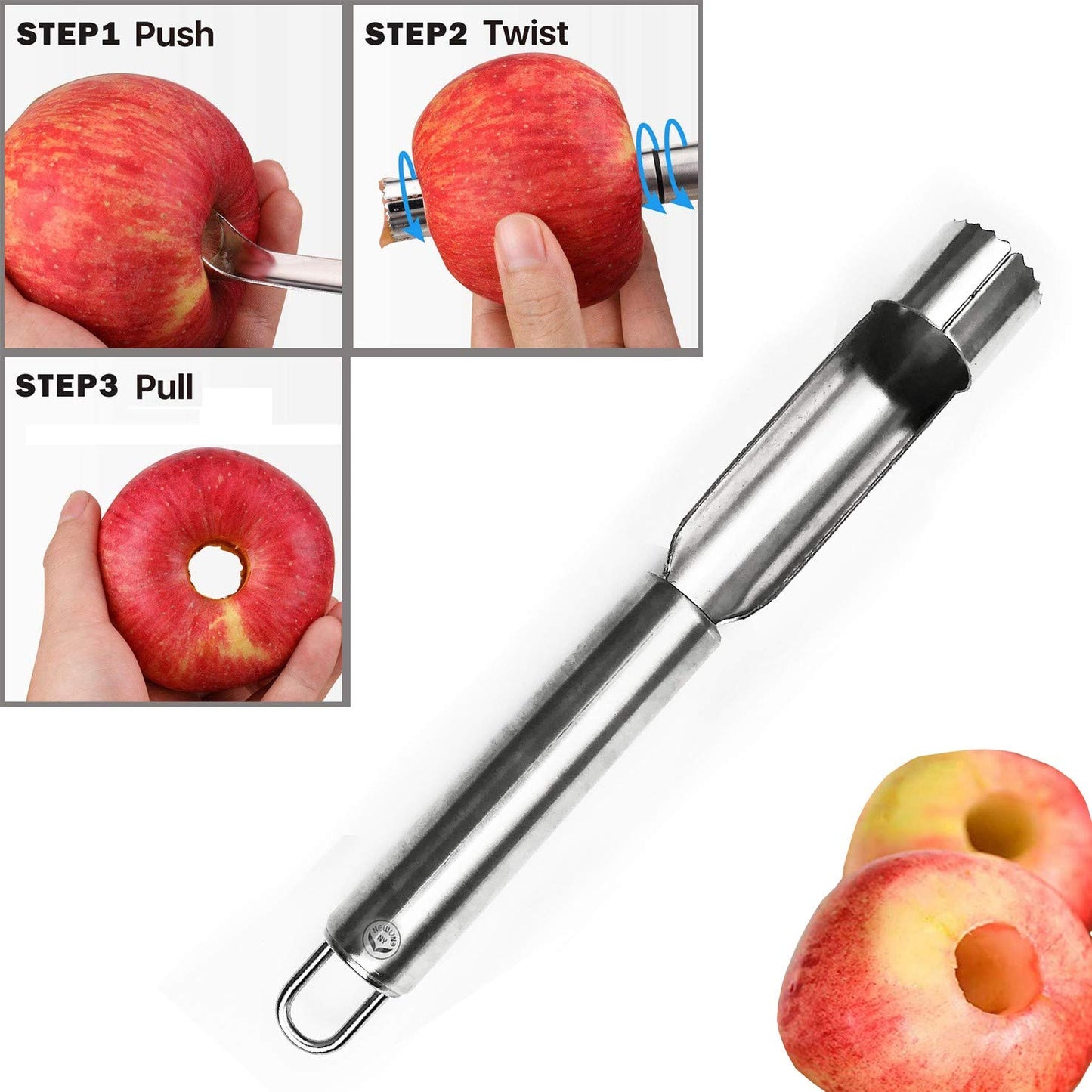 NewlineNY Stainless Steel Kitchen Tools: Zester Grater with Channel Knife, Apple Cupcake Corer, Fruit and Melon Scooper, Fruit & Veggie cutting knife, 4 Pcs Set