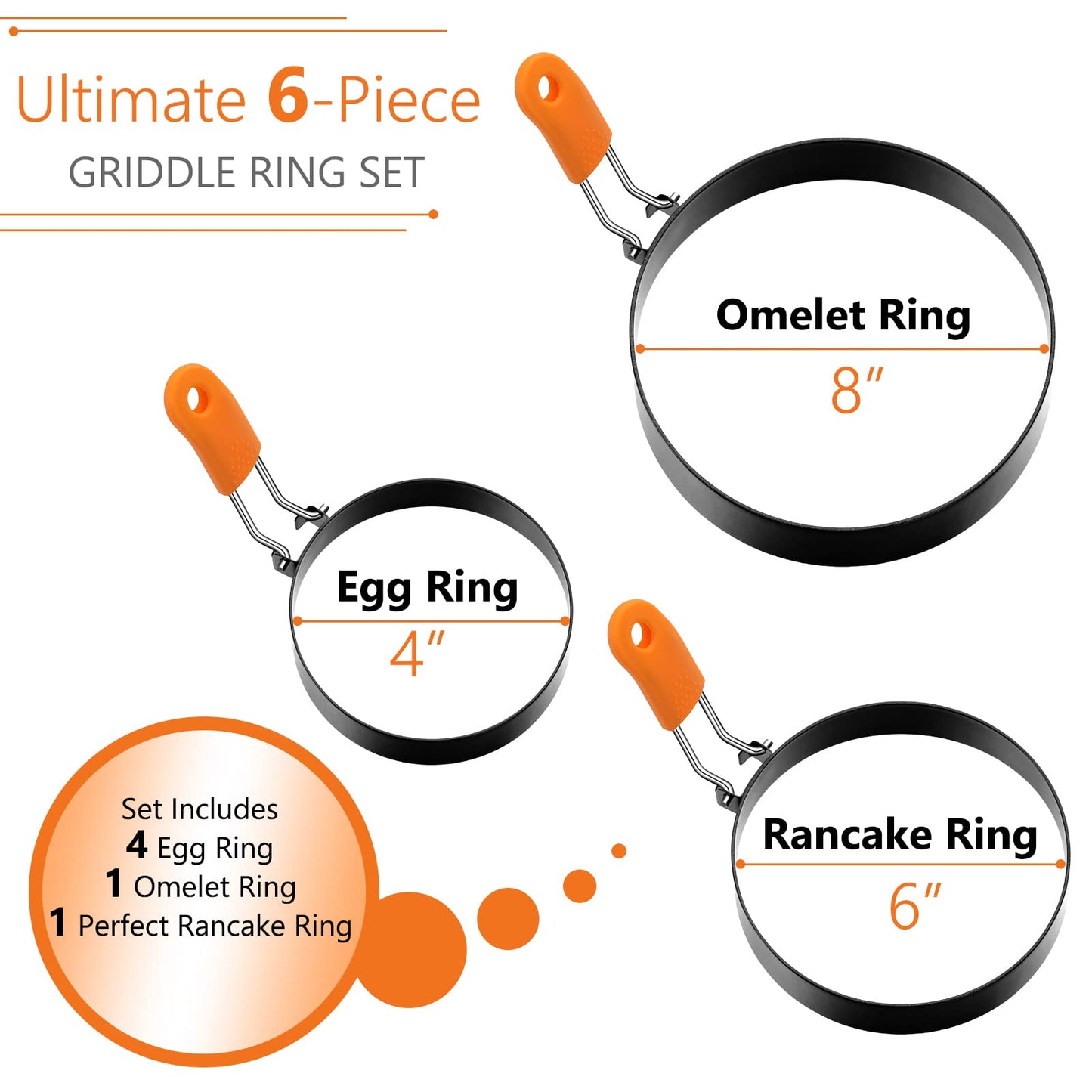 Patelai 6 Pcs Egg Ring Pancake Ring Set Stainless Steel Fried Egg Molds Griddle Pancake Shapers with Silicone Handle for Breakfast Omelette Sandwich (Round Style,4, 6, 8 Inch)