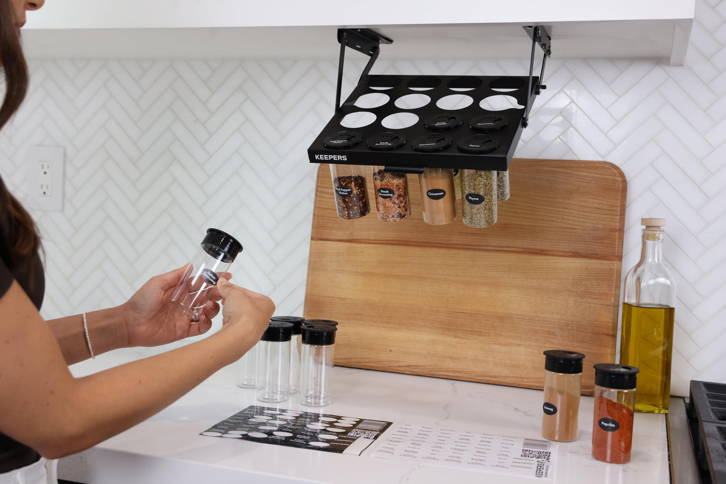KEEPERS 8 Hanging Spice Jar Set - 128 Labels - View & Store Seasonings, Spices & Sprinkles - Use With Coffee Keeper 16 or 24 Hole Under Cabinet Kitchen Storage Organizer (8 qty - 100mL 4oz size)
