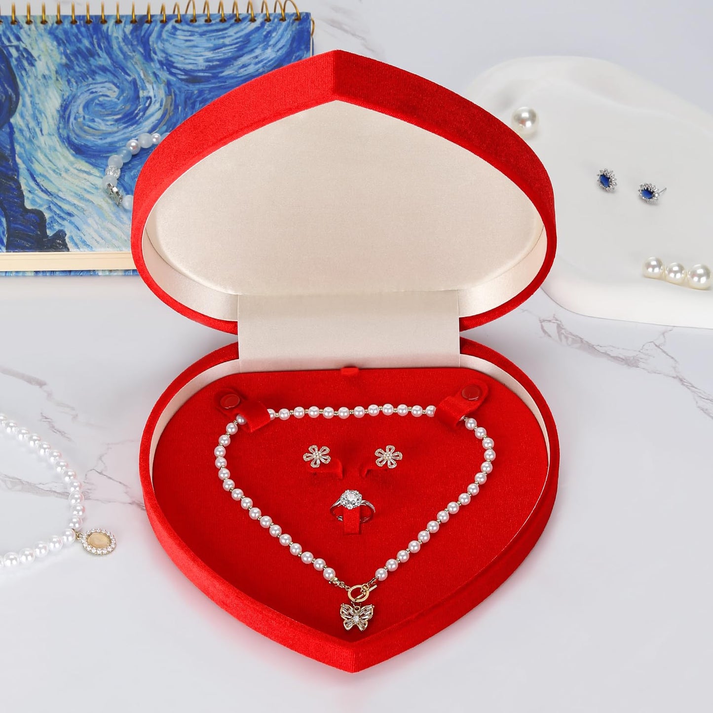 LETURE Large Jewelry Set Gift Box, Heart-Shaped Velvet Necklace Ring Earring Pearl Storage Organizer Holder Box (RED)