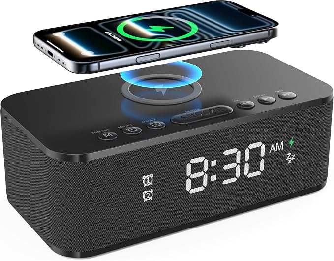 Alarm Clocks for Bedrooms, Wireless Charger, Bluetooth Speaker, White Noise Machine, Digital Clock with Dual Alarm, Dimmable Display, USB Charging Port, Black