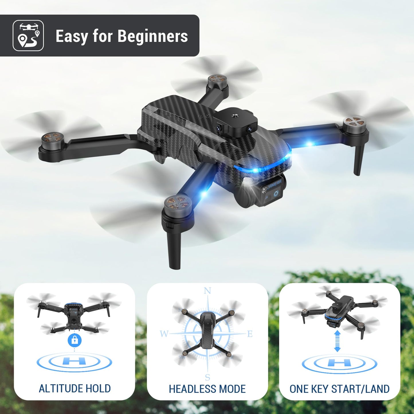 4K Drones with Camera for Kids,Drones for Adults withEmergency Stop, Headless Mode, 360° Flips, CarryingCase & 2 Batteries,Wireless RC Toys for Boys Girls(Black)