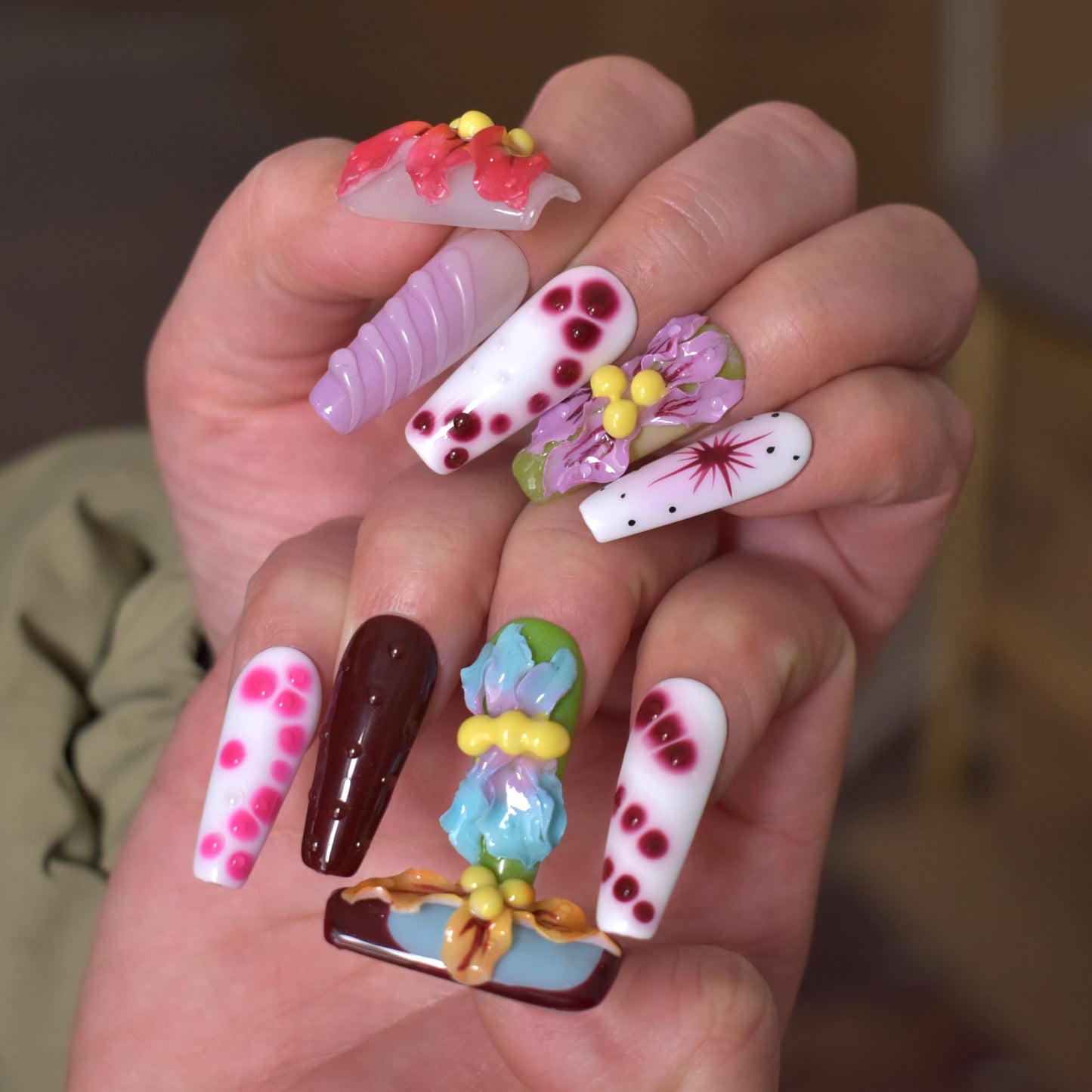 LIFOOST Handmade Press On Nails Long Multicolor 3D Carving Flowers Design 10pcs Hand painted Smudging Glue On Acrylic Fake Nails