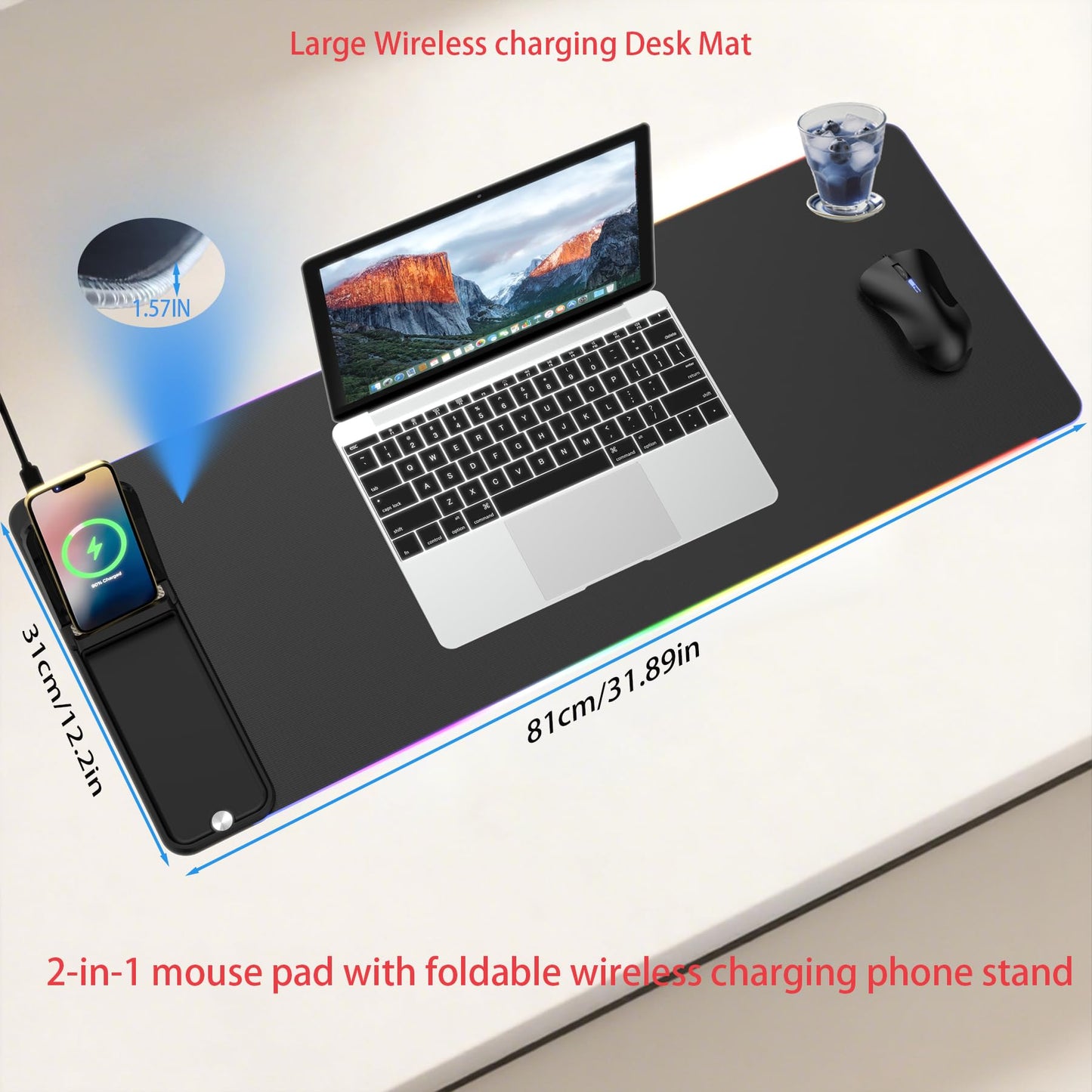 Gifts for Mom Dad &Friends,Wireless Phone Charger with Mouse Pad,RGB Gaming Mouse Pad with Phone Holder, 15W Fast Wireless Charging Desk Mat with Ultra-Smooth Surface for MacBook PC Laptop Computer