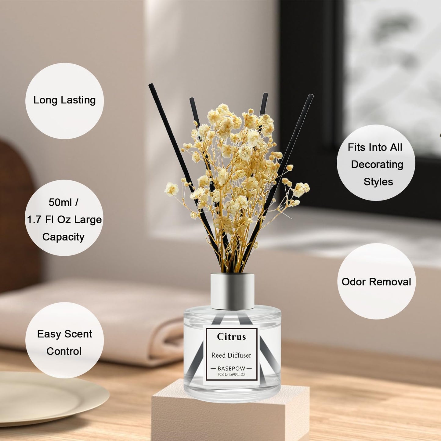 BASEPOW Reed Diffuser Set of 3 Pack,Clean Linen,Vanilla,Citrus Scented Oil Diffuser with 12 Sticks,Reed Diffuser for Home Living Room Office Bathroom Air Freshener,50ml x 3