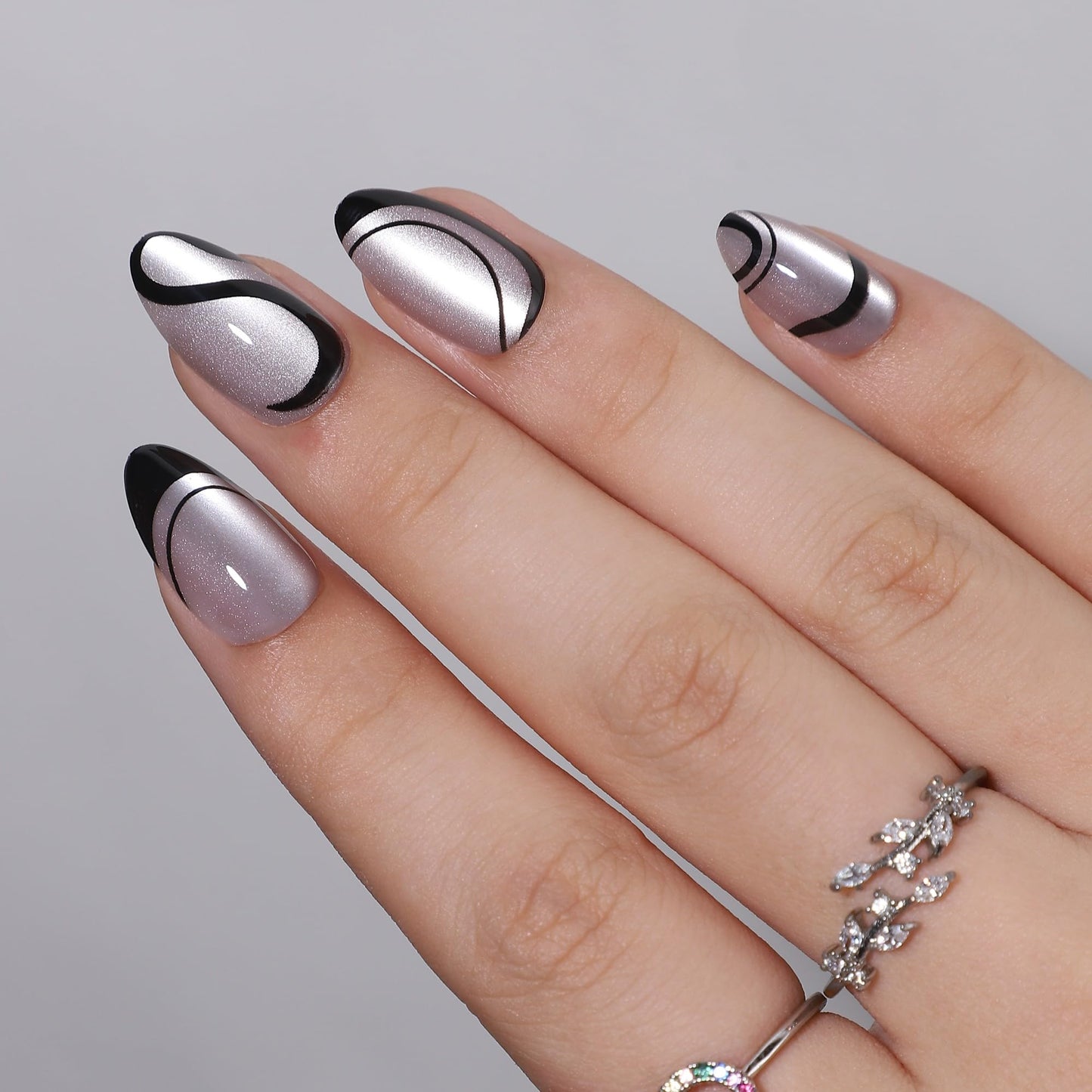RTKHFZE Press on Nails Almond - Soft Gel Swirl French Tip Press On Nails Short with Nails Glue,Cat's Eye Nails Tips,Fit Perfectly,Reusable Stick on Nails in 16 Sizes - 32Pcs Gel False Nails Kit