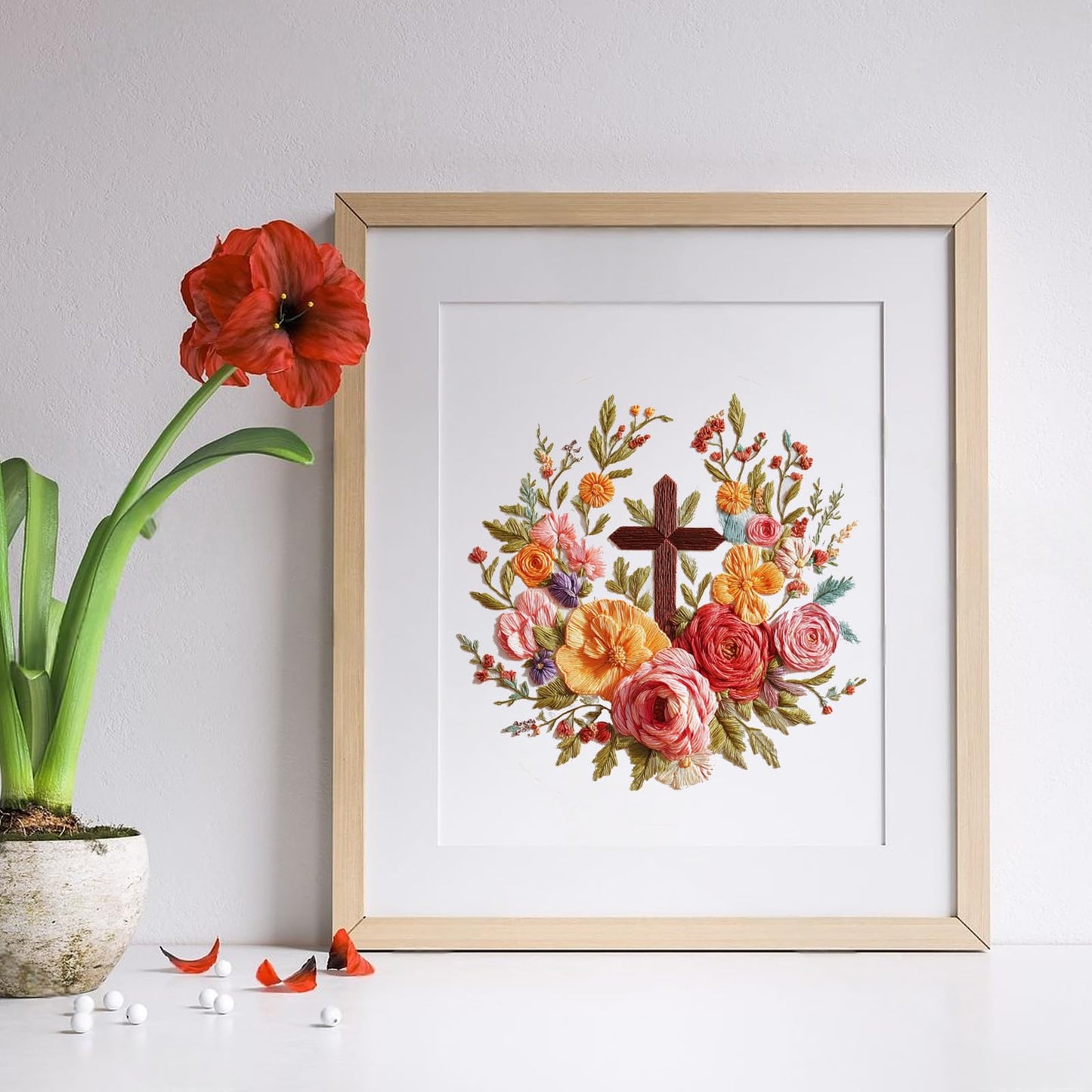 LYMIGER Floral Embroidery Kit for Adults, Flower Pre-Stamped Pattern Embroidery Kit for Beginners with Hoop Colorful Thread Needle Instruction, 7.9'' Hoop (Brown+Gold+Red)