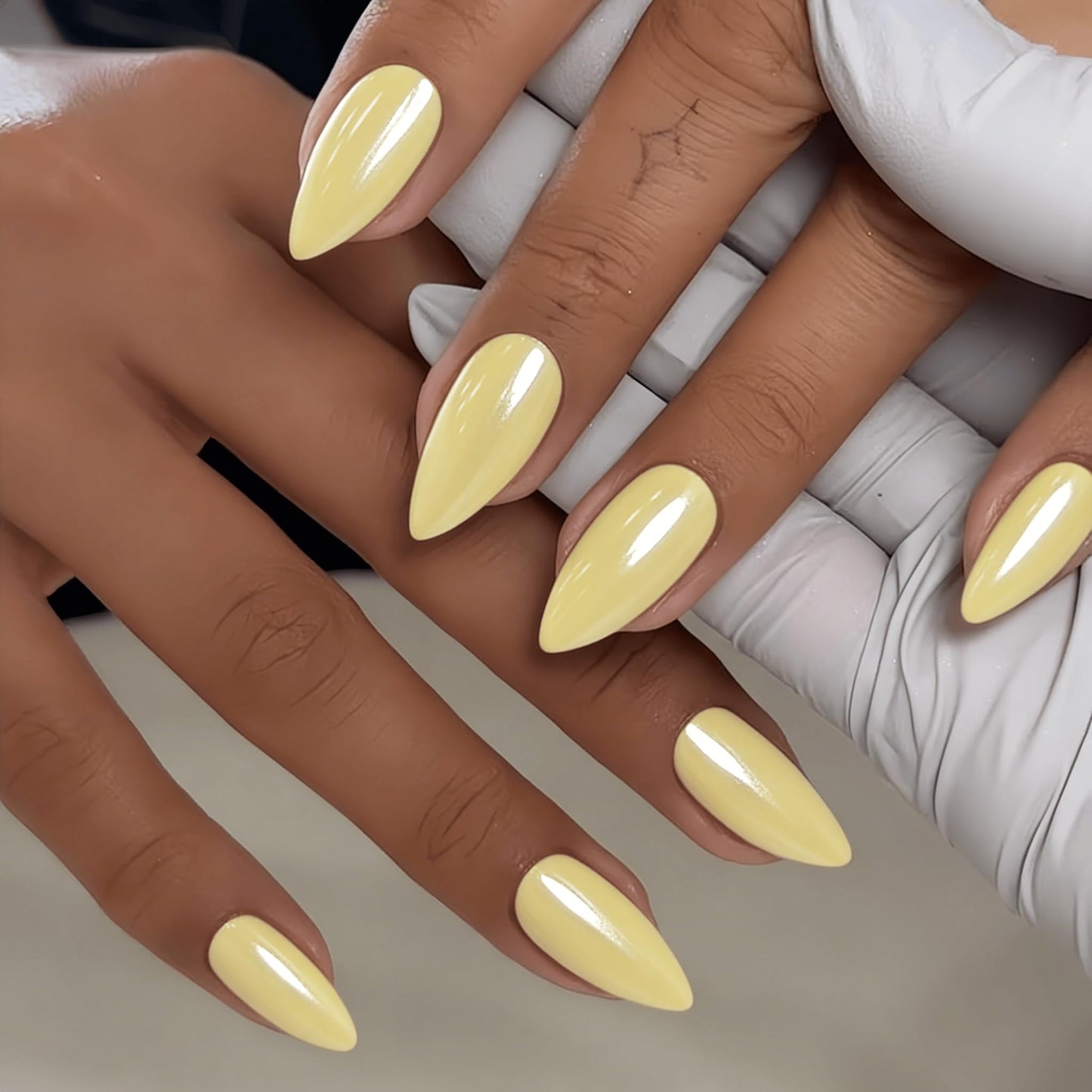 Pastel Yellow Press On Nails Almond - KQueenest Chrome Press On Nails Medium, Pearlescent Fake Nails Press ons, Glitter Glue on Nails Medium Stiletto, Glazed Gel Stick On Nails for Women, 24 Pcs