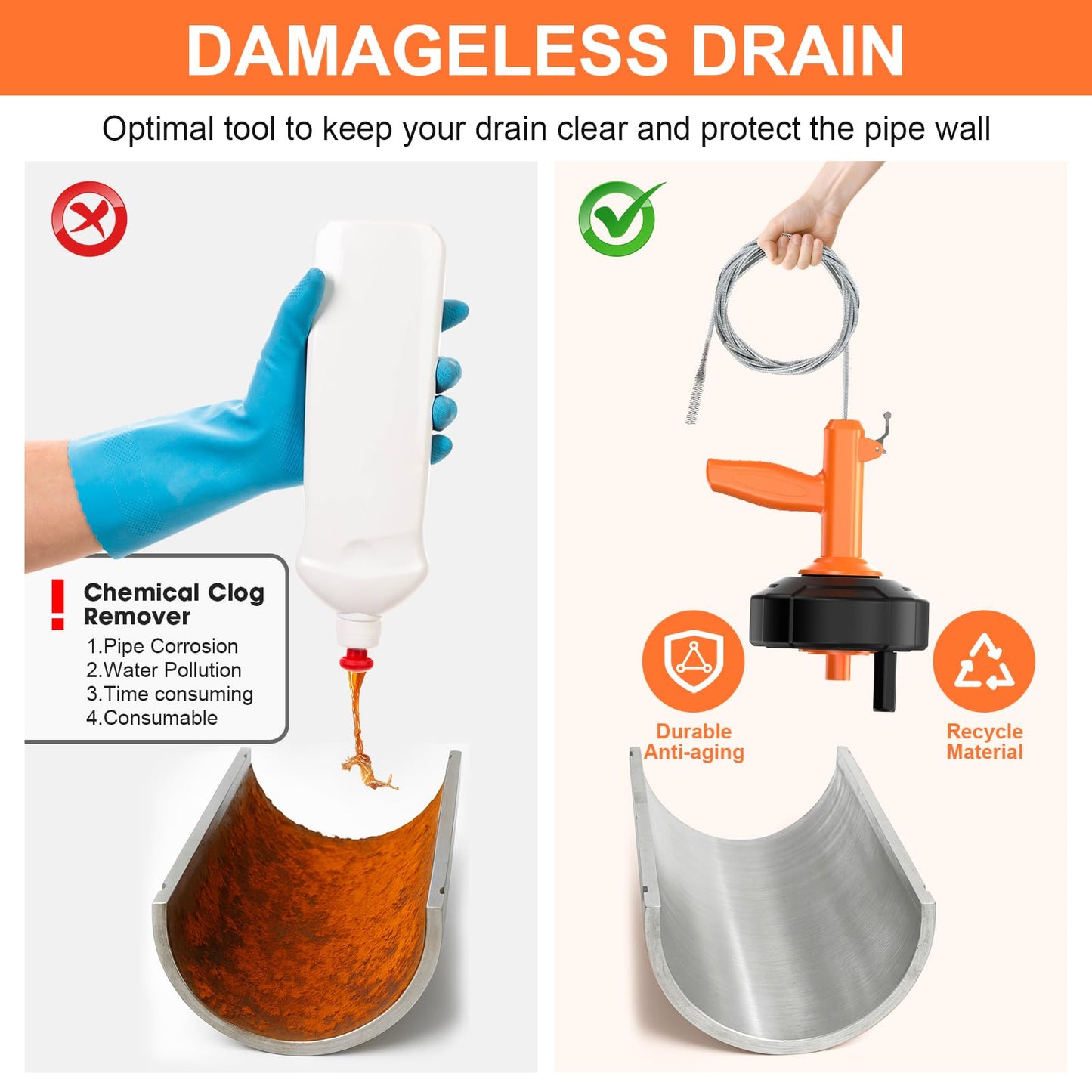 Drain Snake, Drain Auger with Drill Attachment, 25 Feet Plumbing Snake Auto Feed Flexible Hair Drain Clog Remover for Kitchen, Bathrom and Shower Sink with Gloves