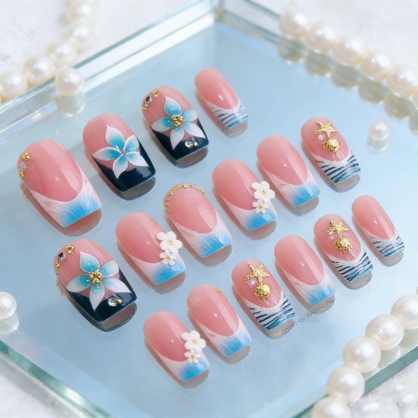 BABALAL Press On Nails, Short Square Fake Nails, Blue French Tip with Butterfly & 3D Flower, Glossy Tropical Summer Glue On Nails for Women and Girls 24Pcs