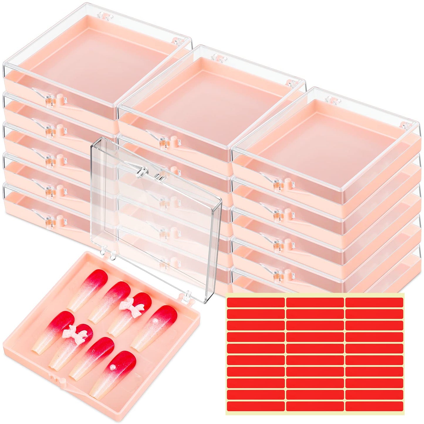 Landhoow 15 Pcs Press on Nail Storage Box with Adhesive Double Sided Tape Acrylic Artificial False Nail Packaging Display Case Organizer for Home Business Salon Supplies (Pink)
